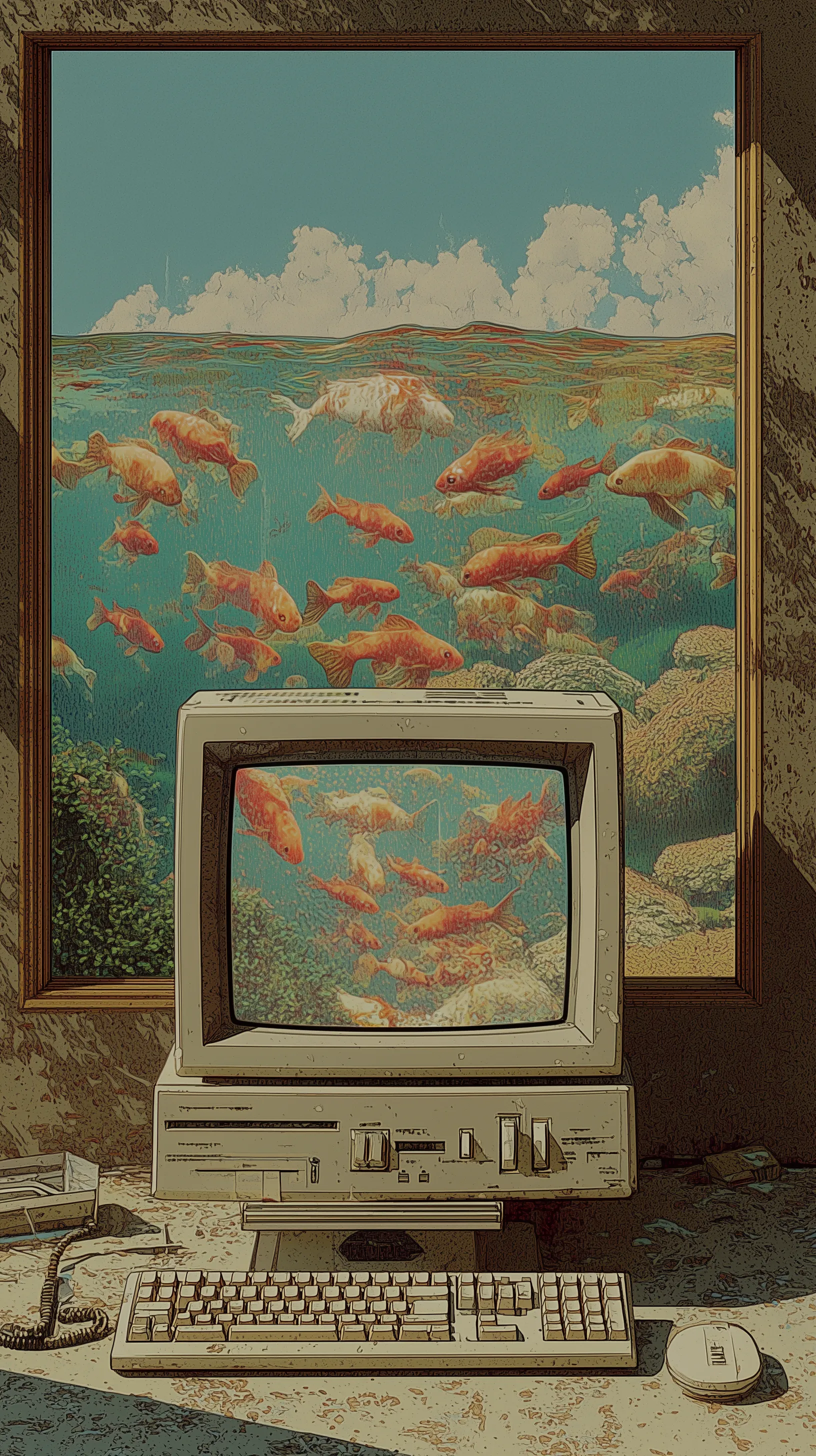 Retro computer with surreal underwater scene
