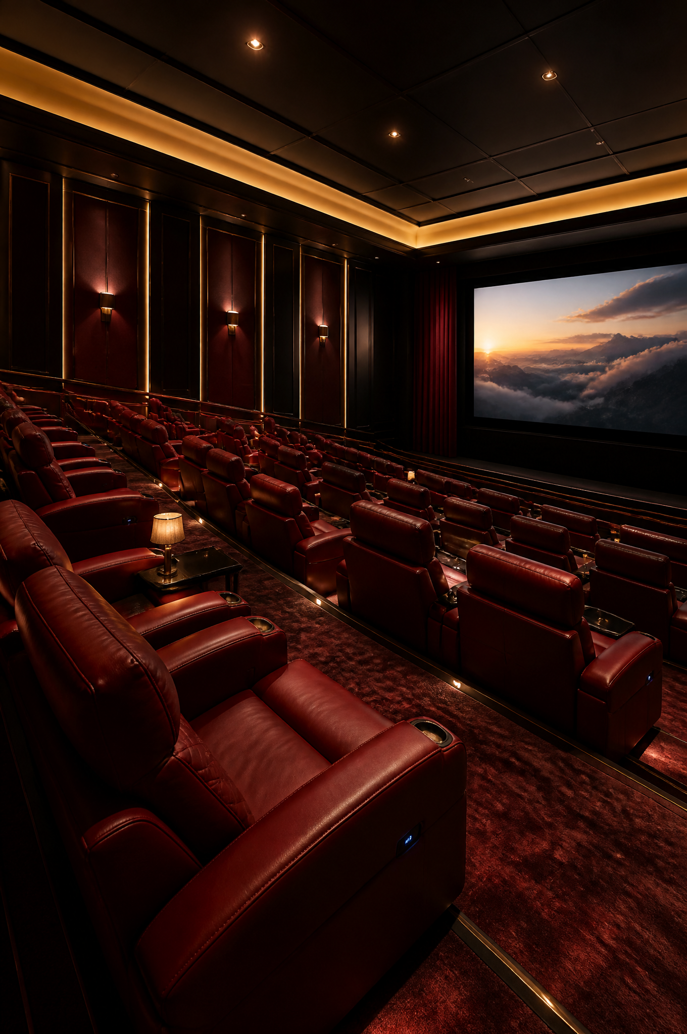 Luxury cinema auditorium with crimson recliners