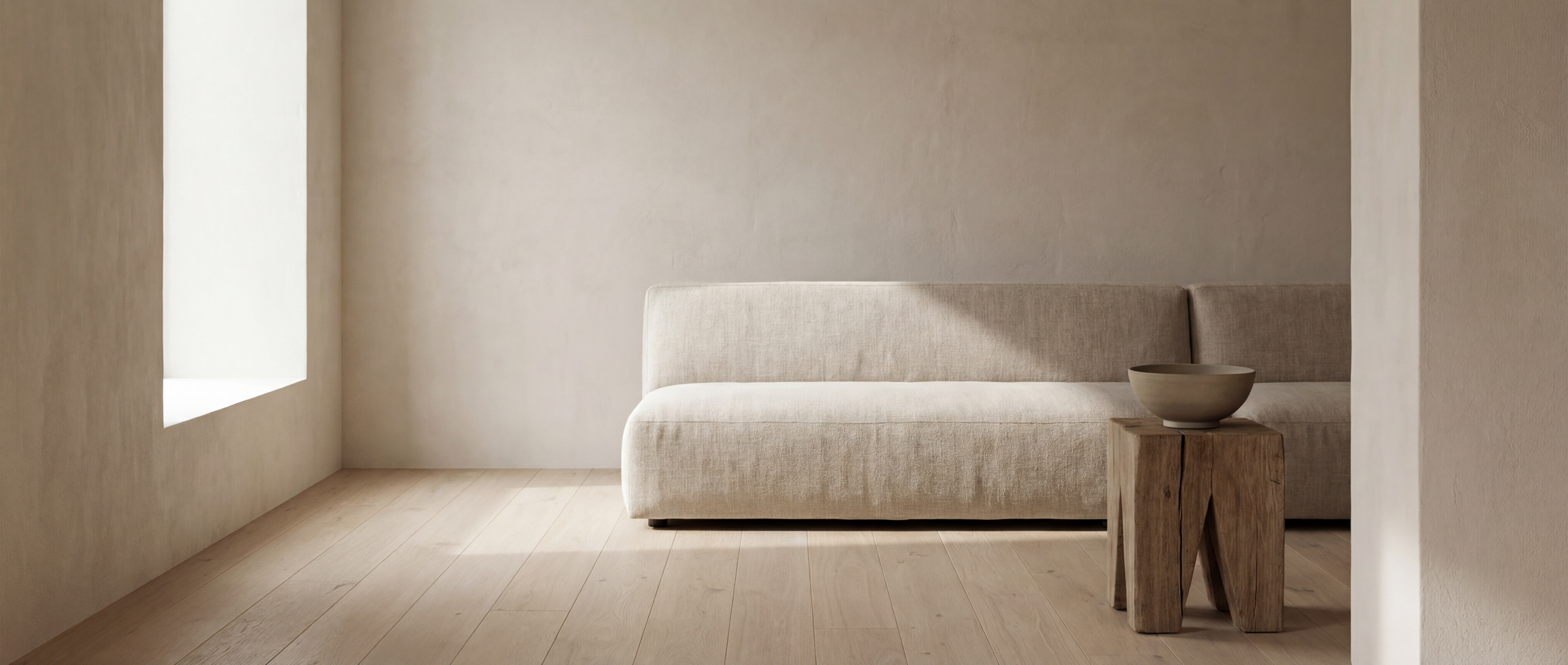 Minimalist neutral living room with sofa