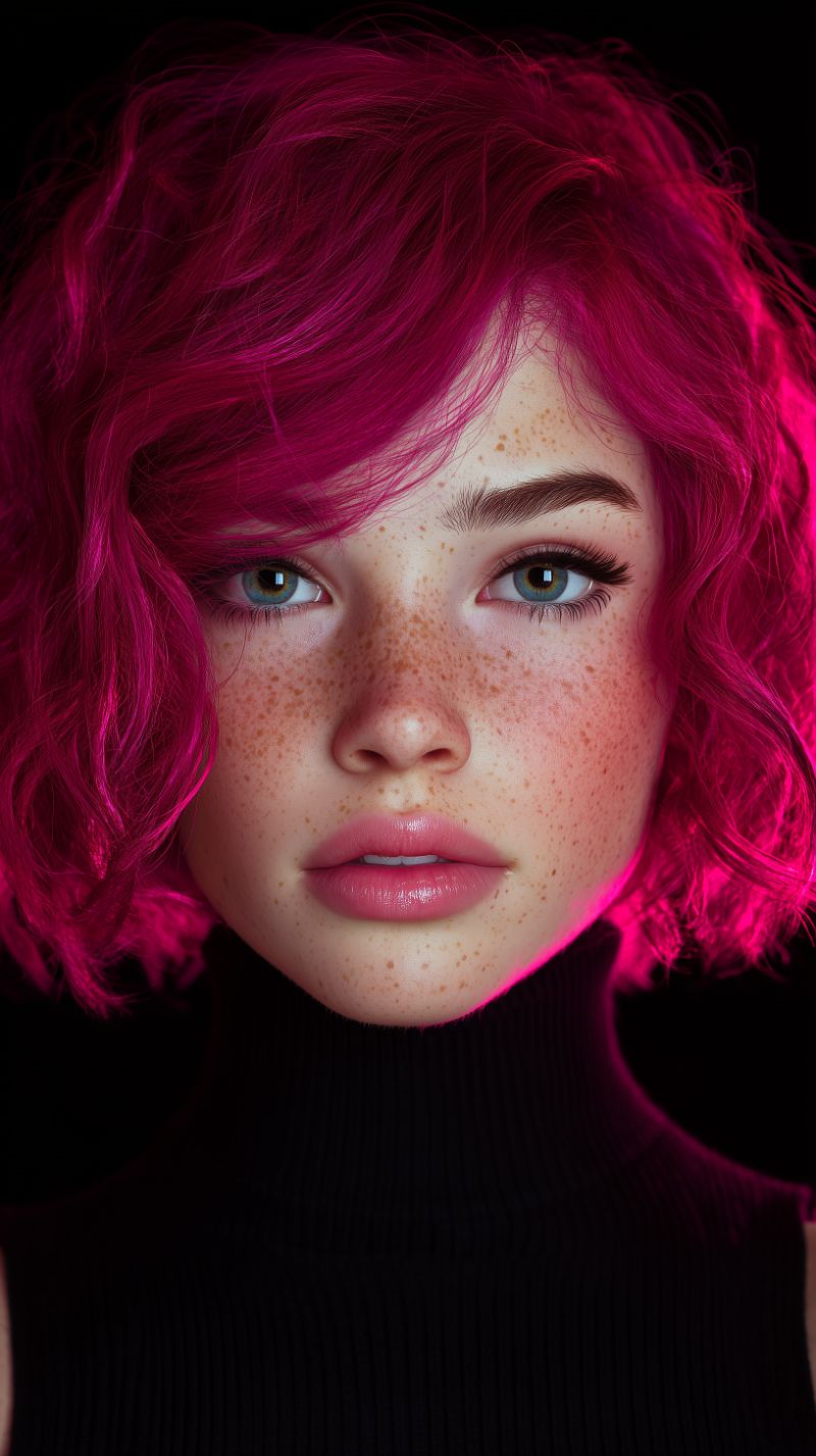 Portrait with vivid fuchsia hair and freckles