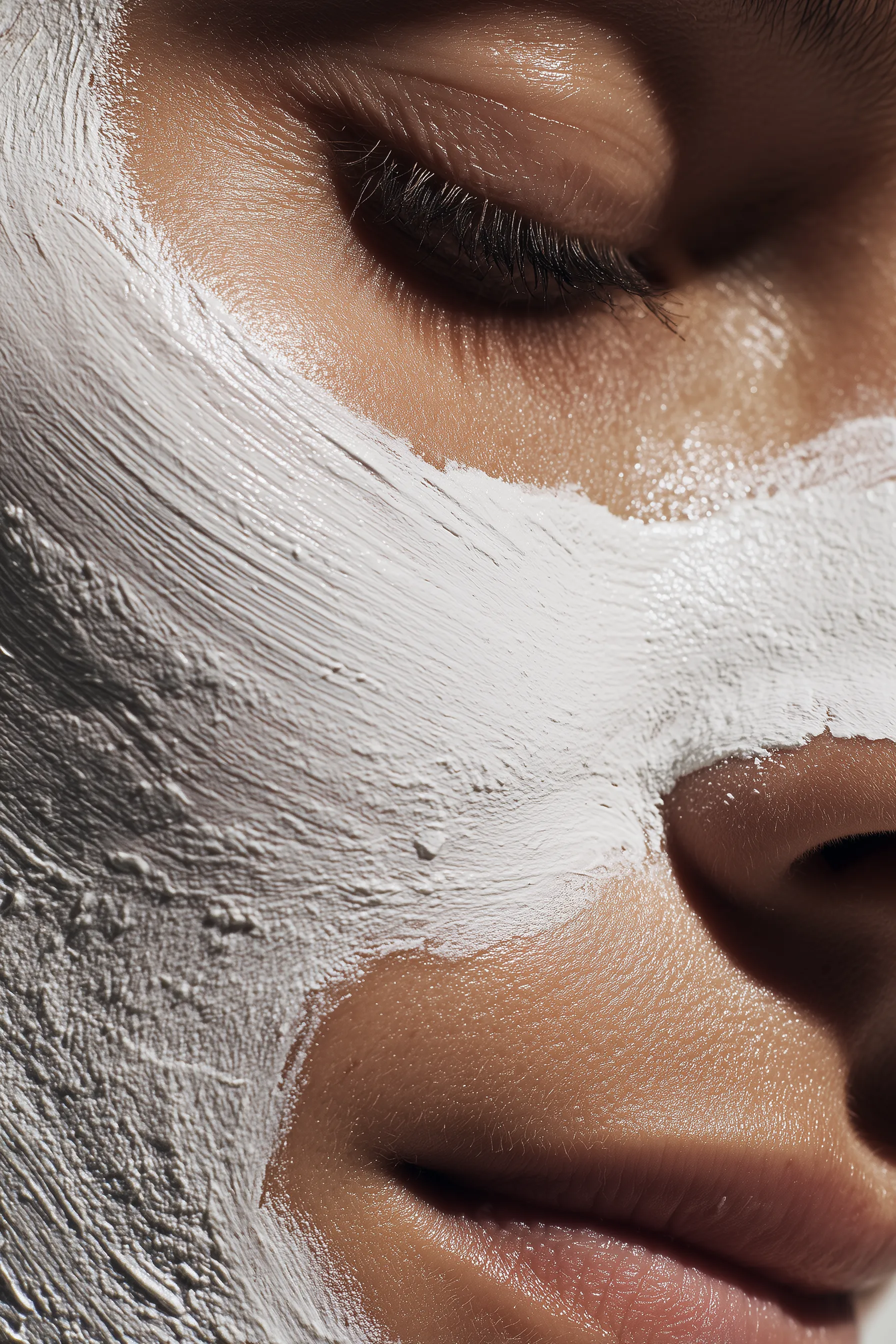 Close-up of face with white cosmetic mask