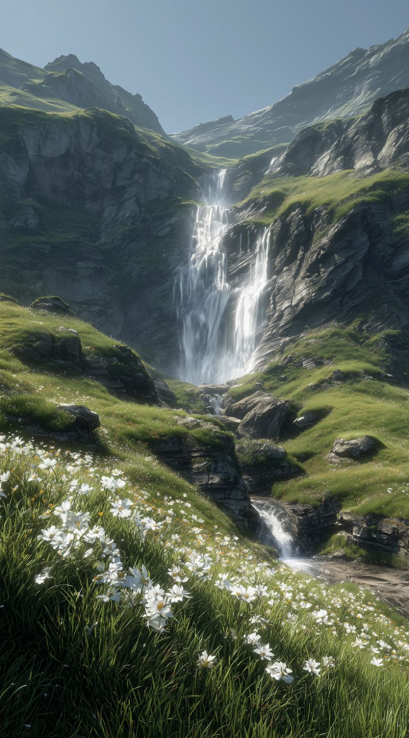 Alpine Waterfall with Wildflower Meadow