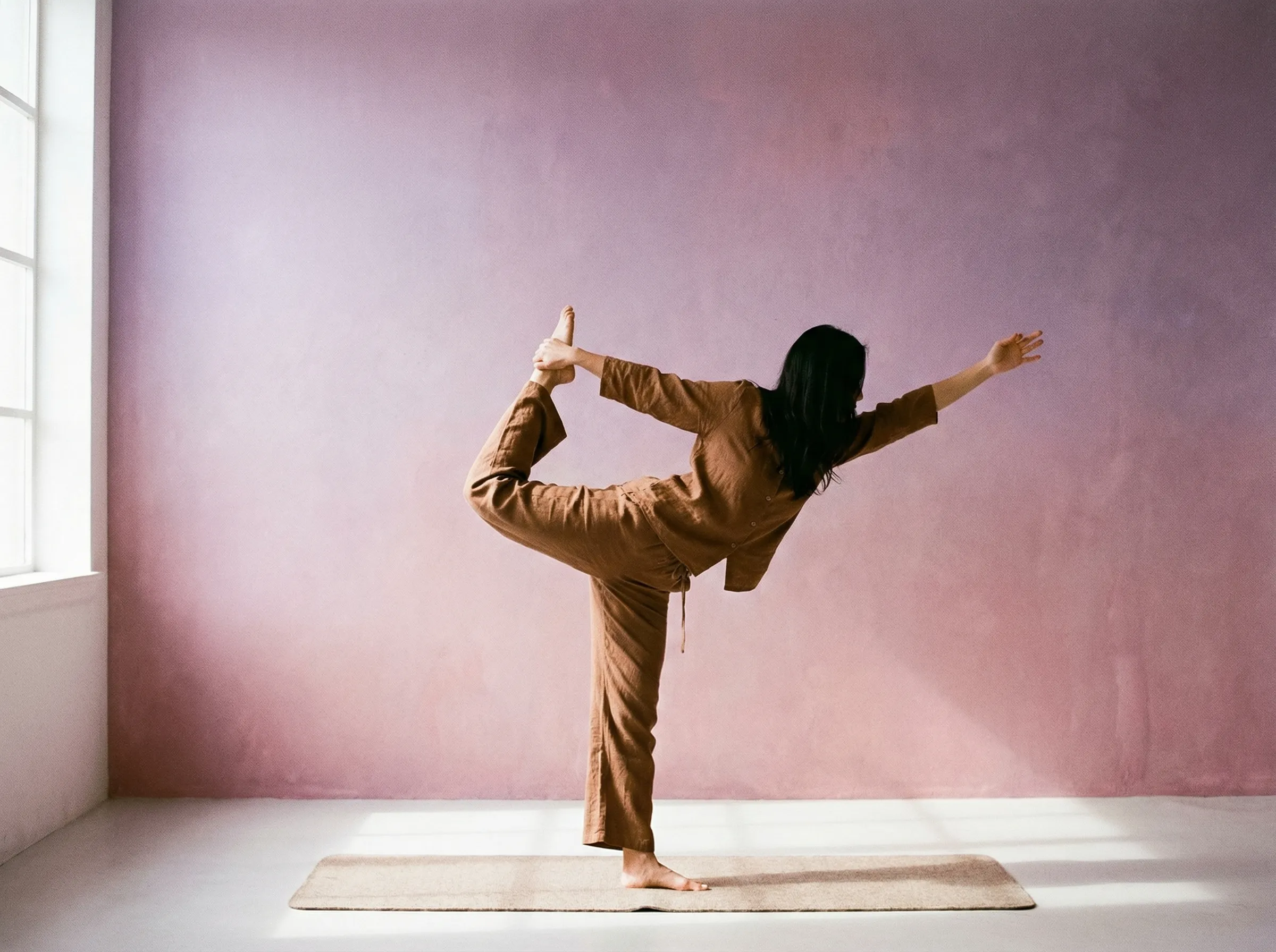 Woman practicing yoga in minimalist studio