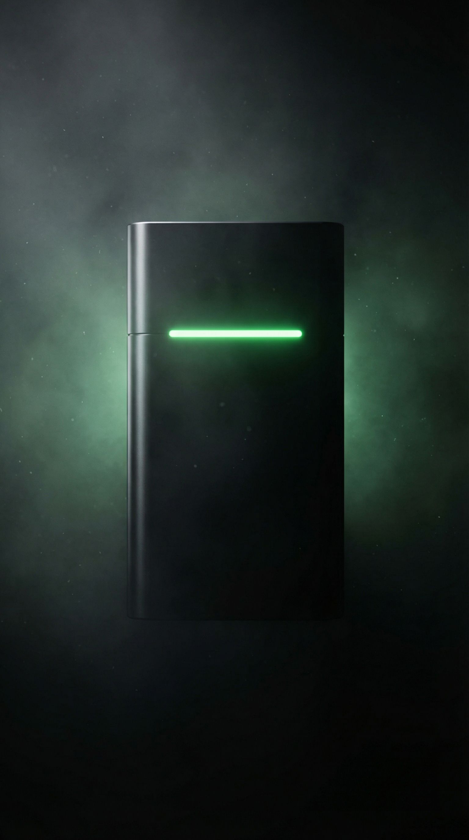 Futuristic black device with green light bar