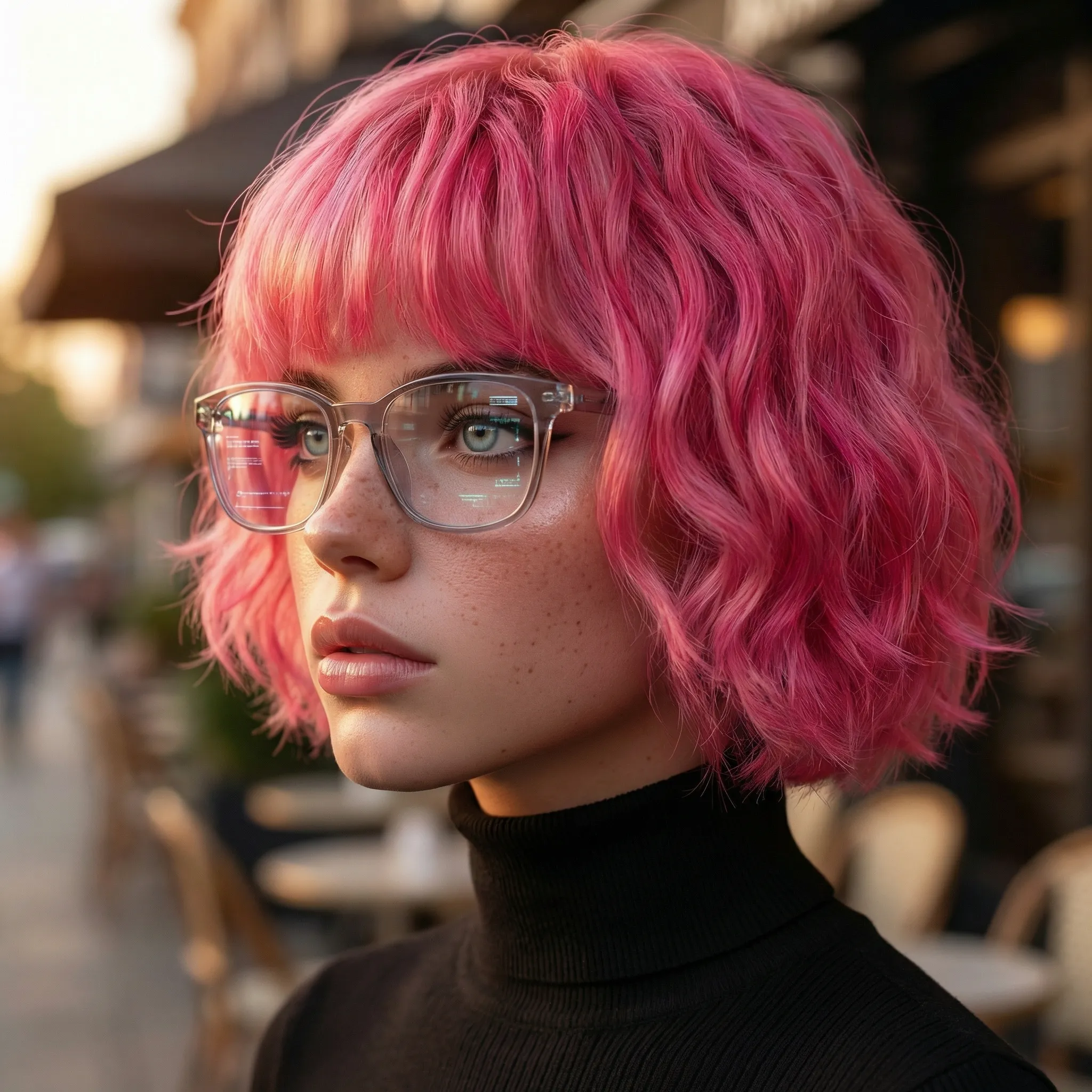 Portrait of woman with pink hair and glasses