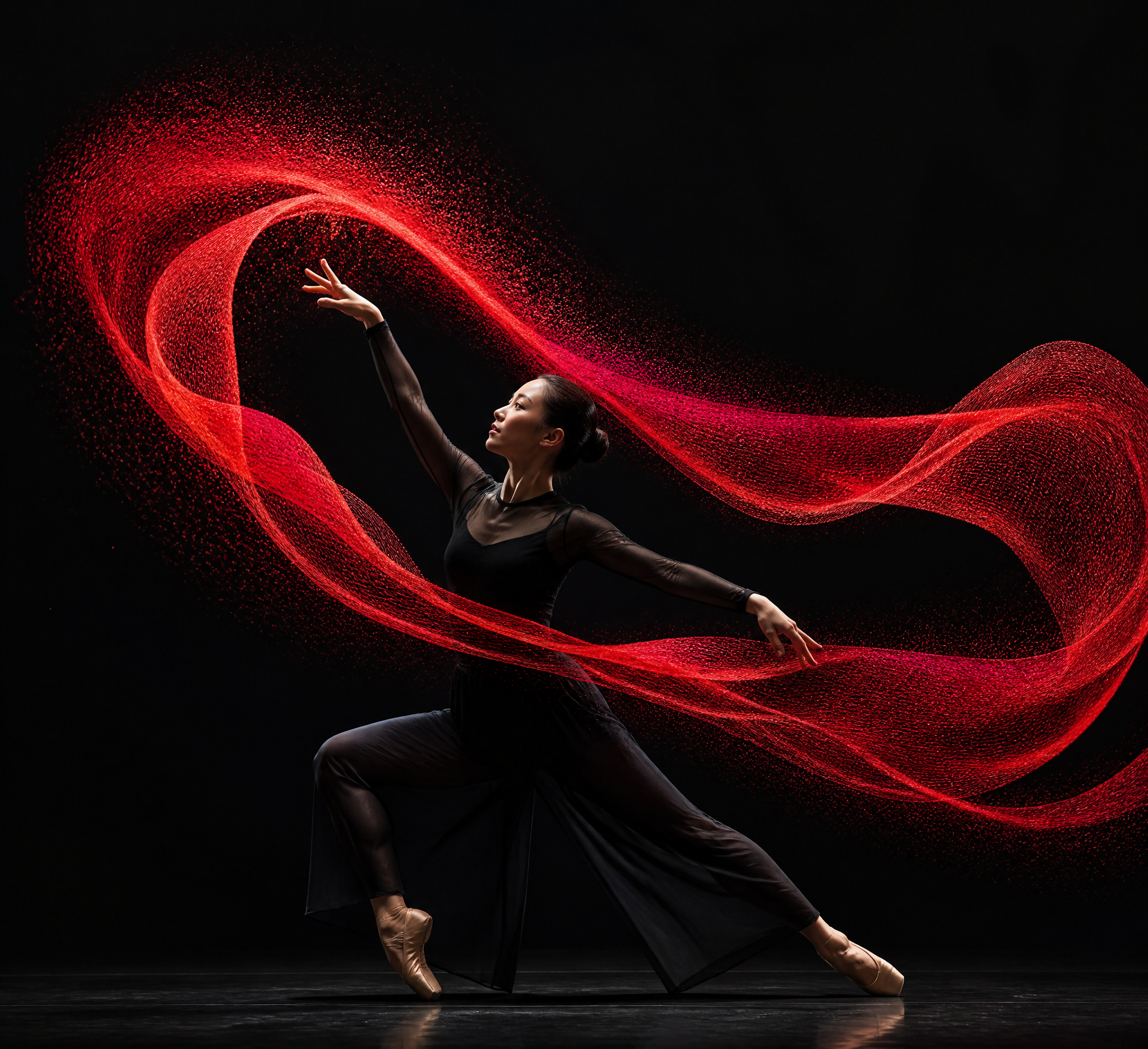 Dancer shaping a red particle ribbon