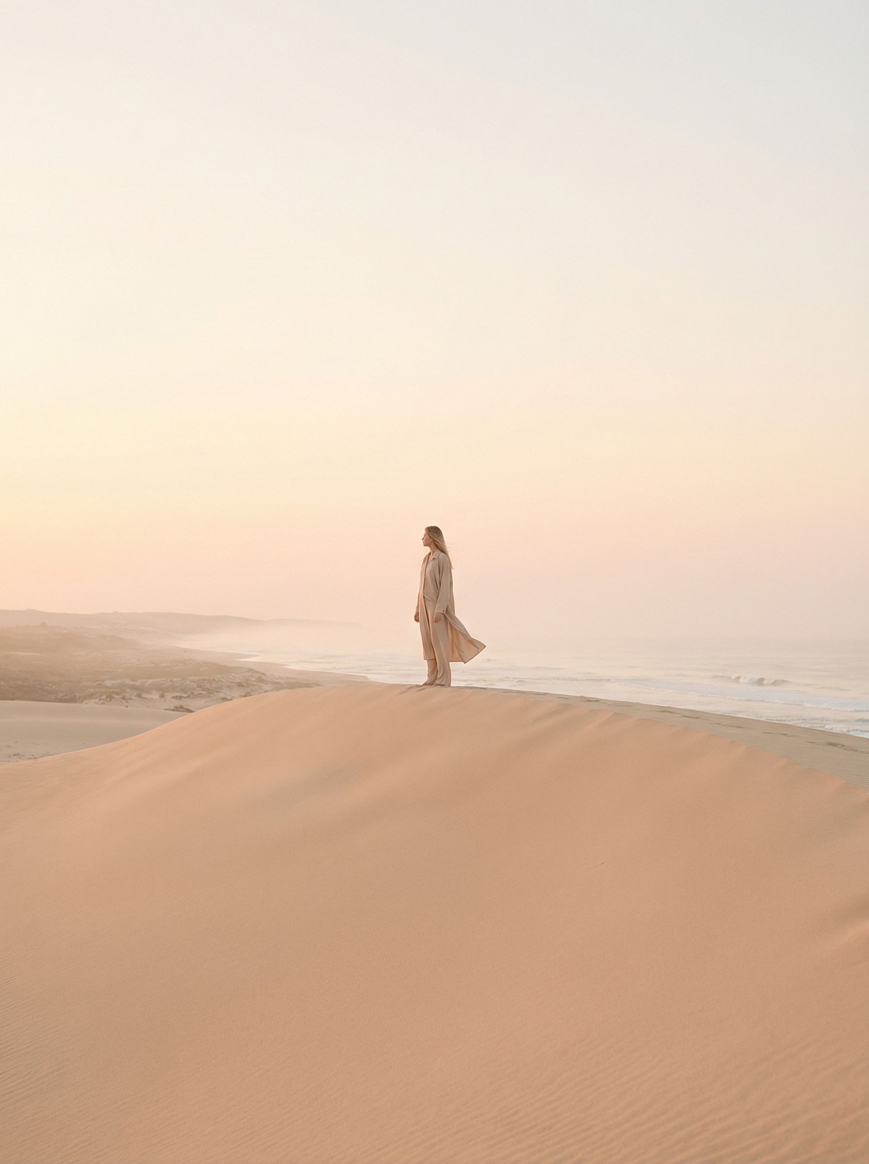 Woman standing on dune at pastel sunrise