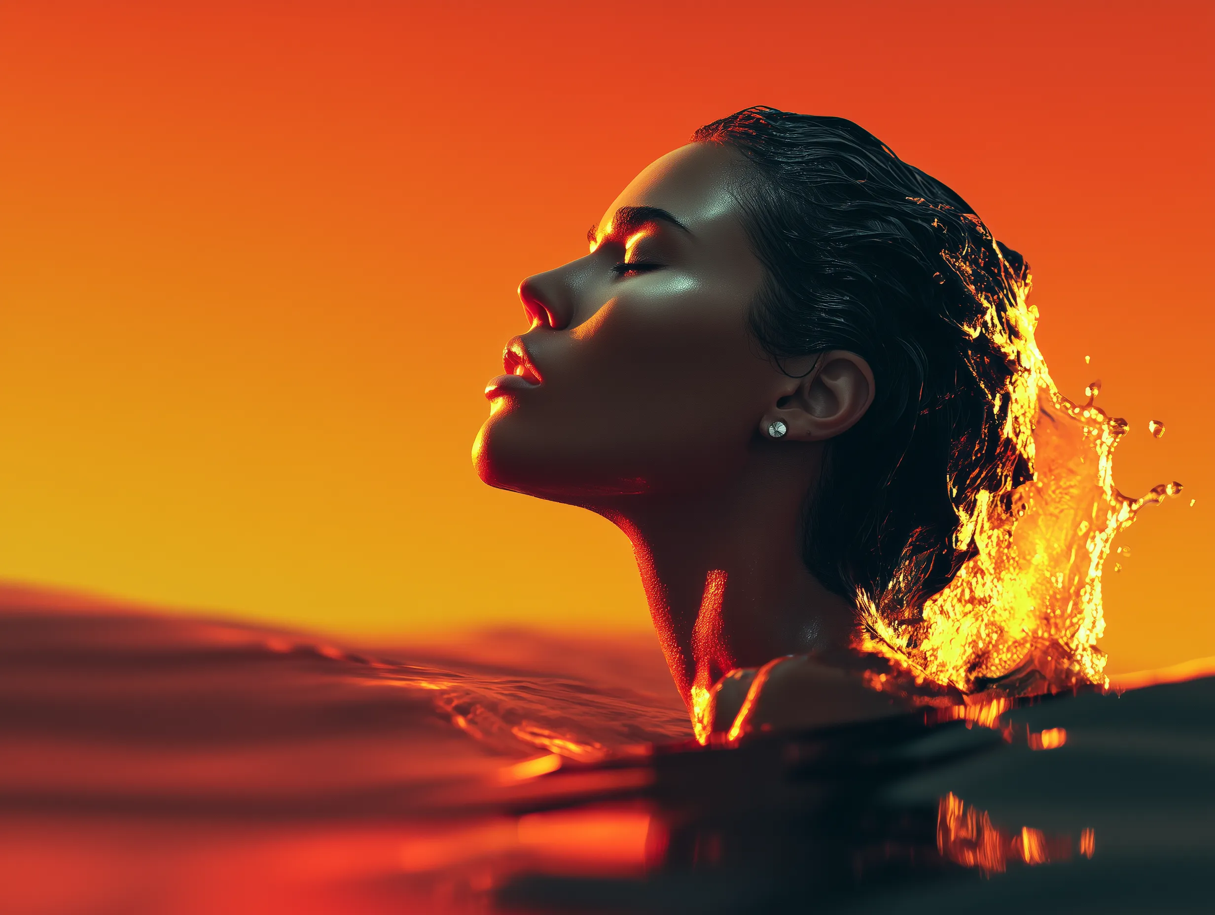 Woman in water at fiery sunset