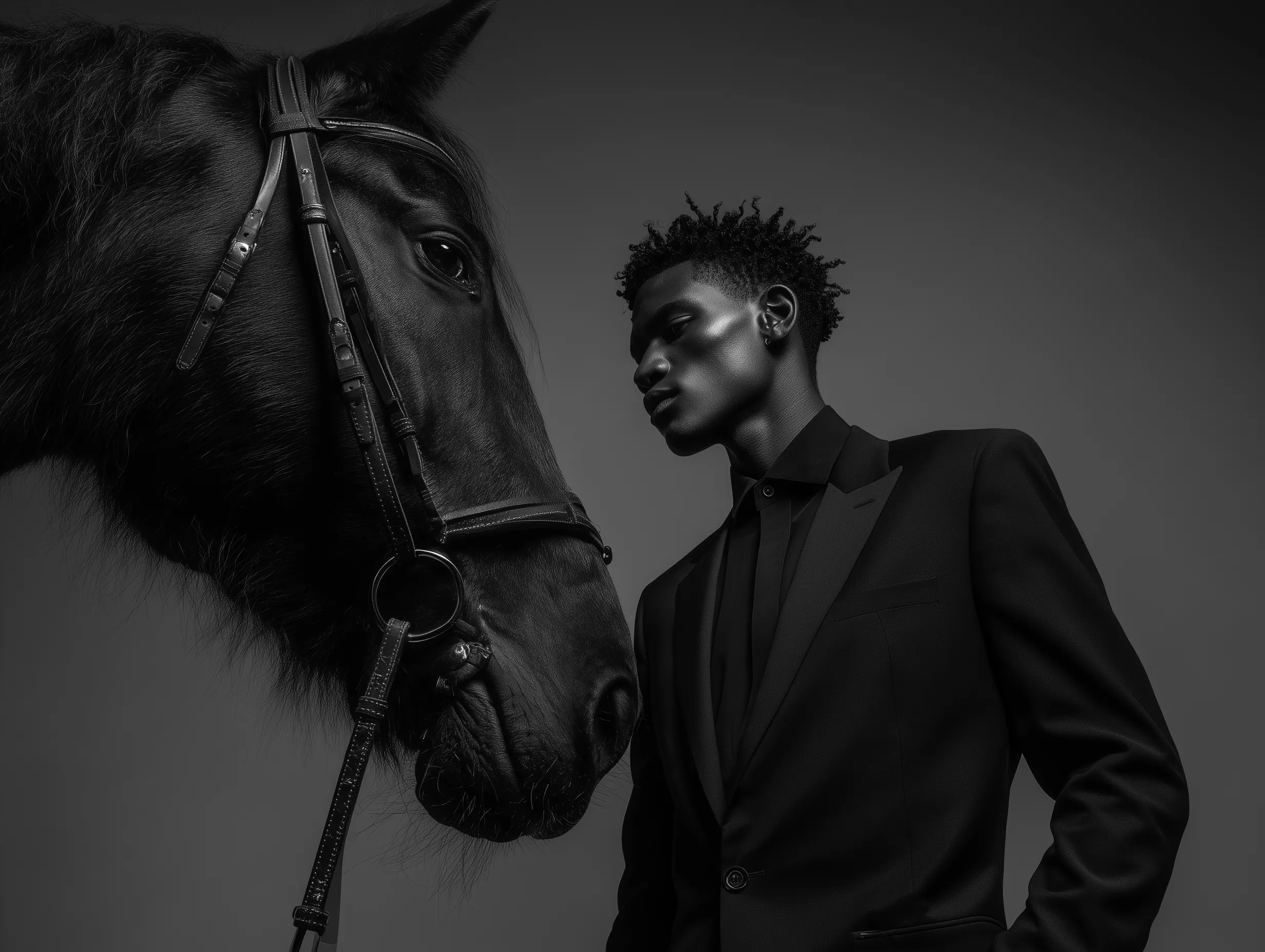 Monochrome Fashion Portrait with Black Horse