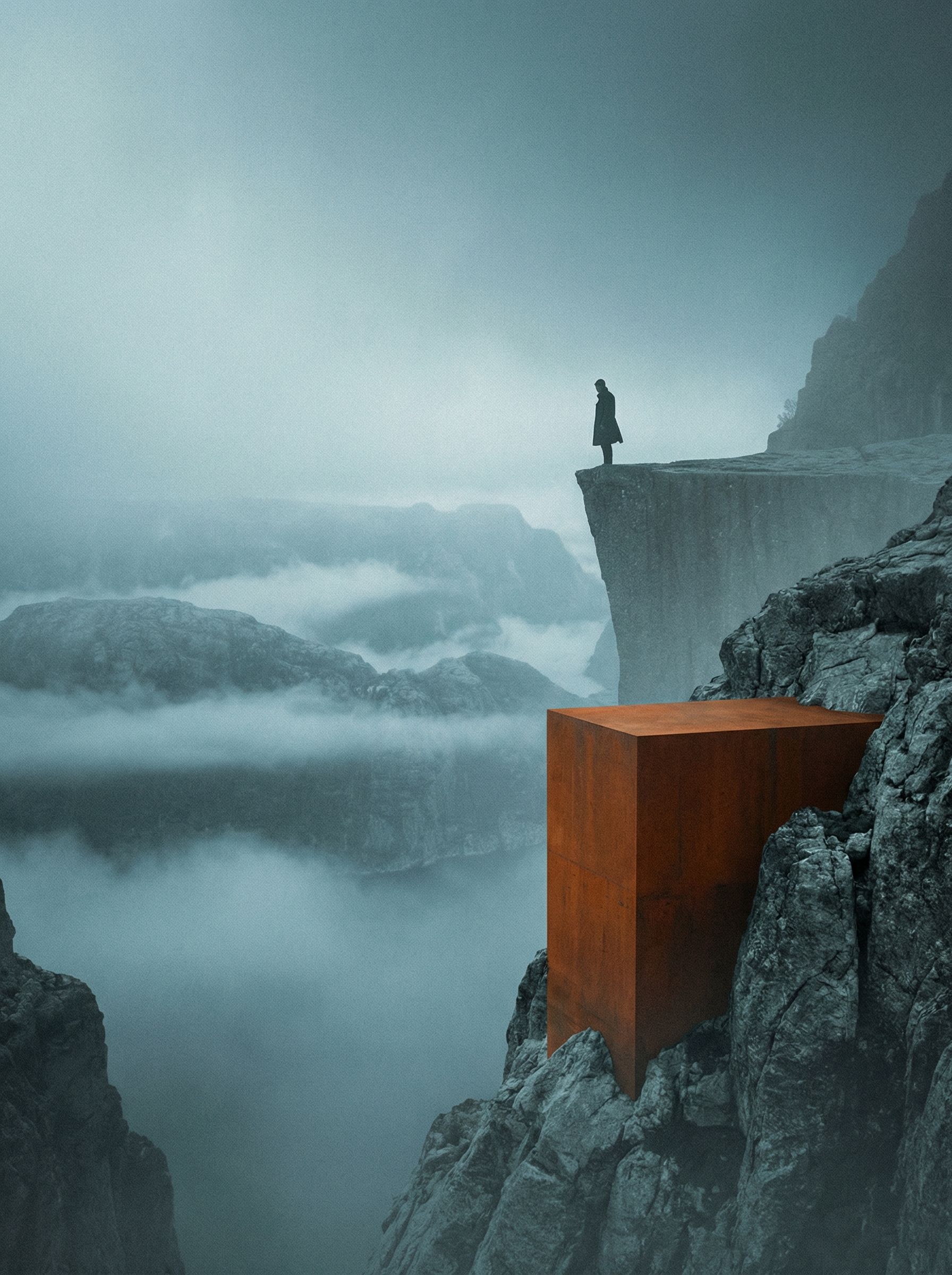 Solitary figure on misty cliff with orange monolith
