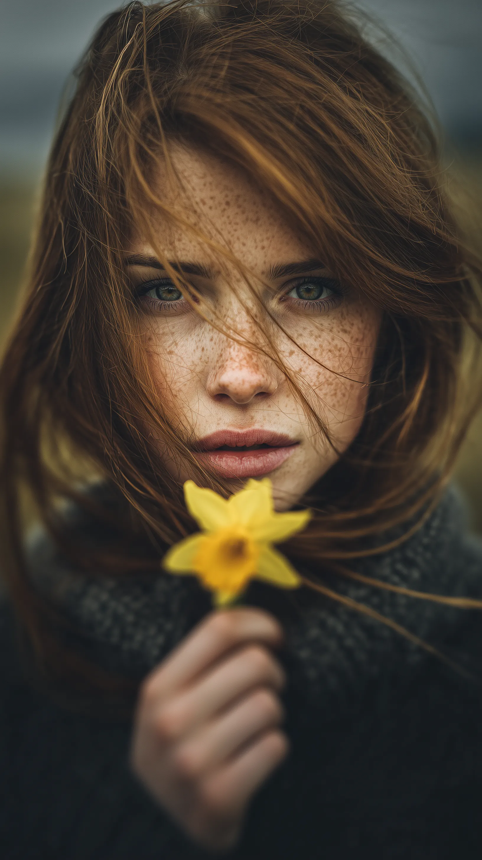 Freckled Woman Holding Yellow Flower
