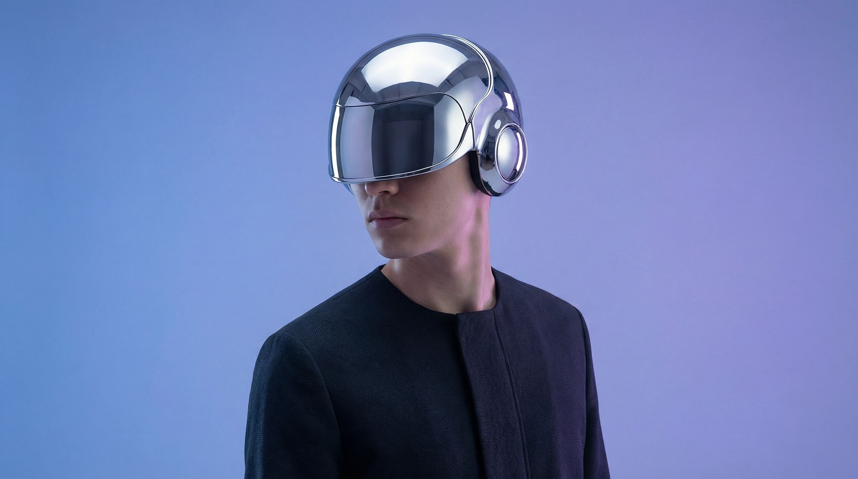 Futuristic visor helmet on person in blue light