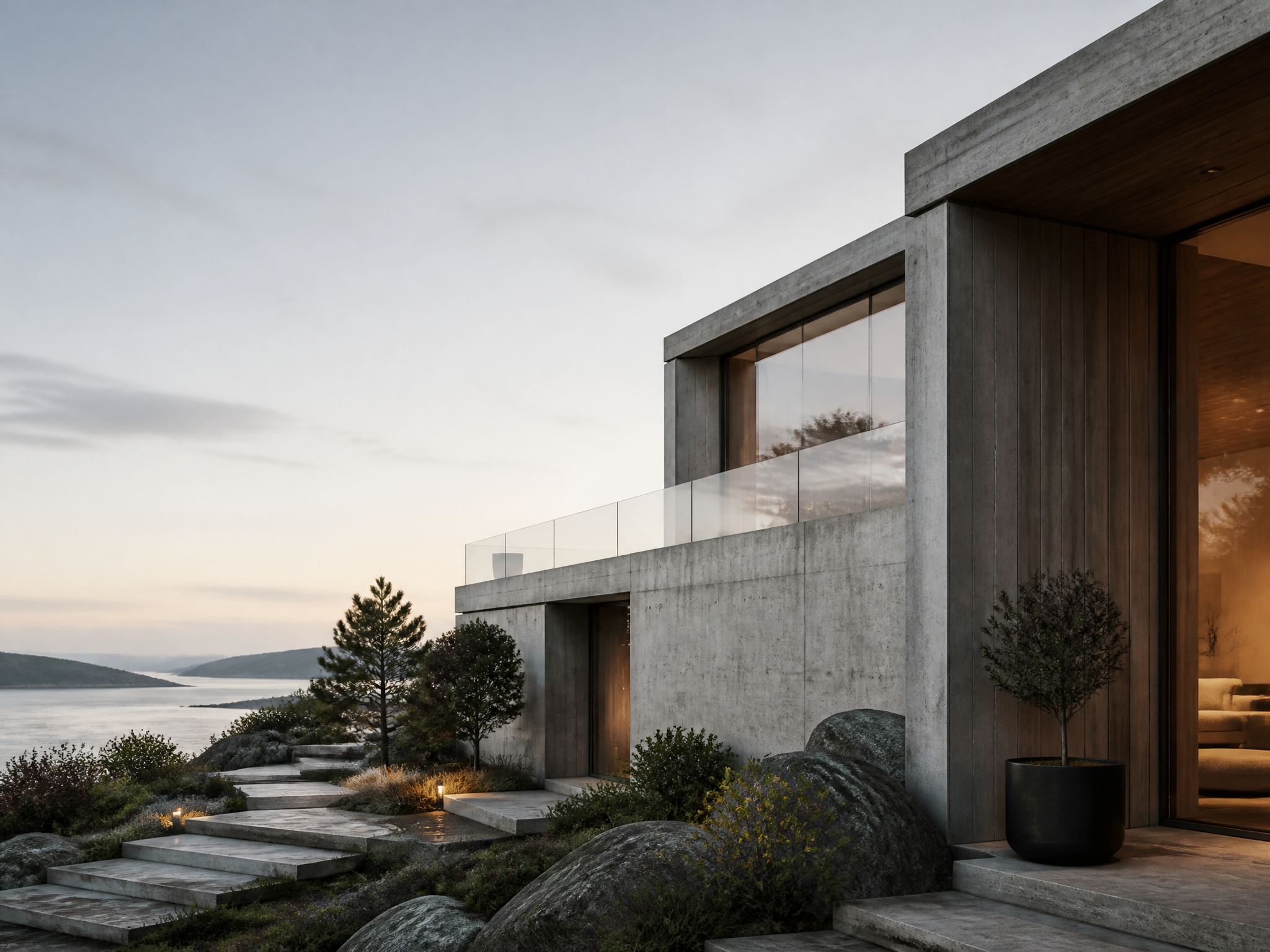Modern Brutalist Concrete Villa at Dusk
