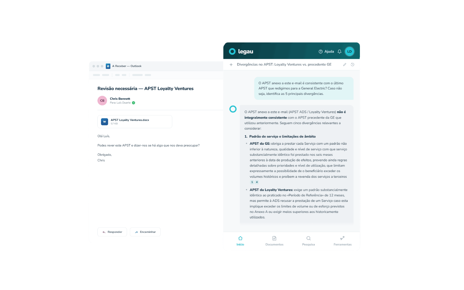 Análise de emails e anexos no Outlook com a Legau