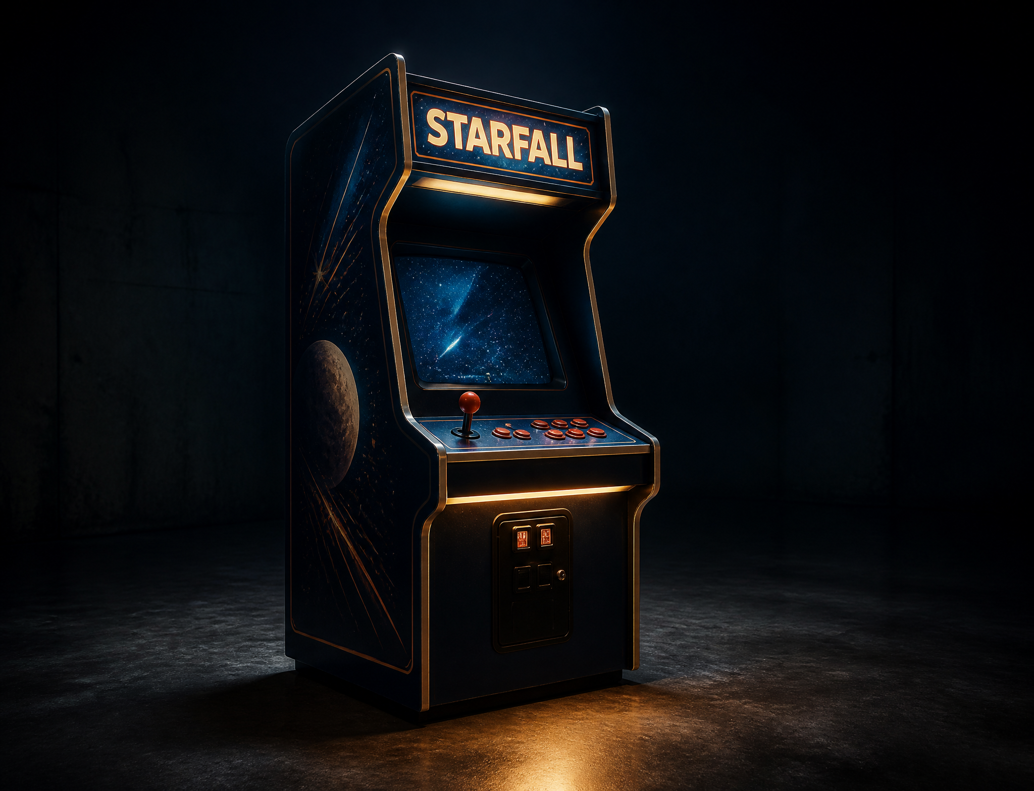 A restored arcade cabinet glowing alone in a dark room