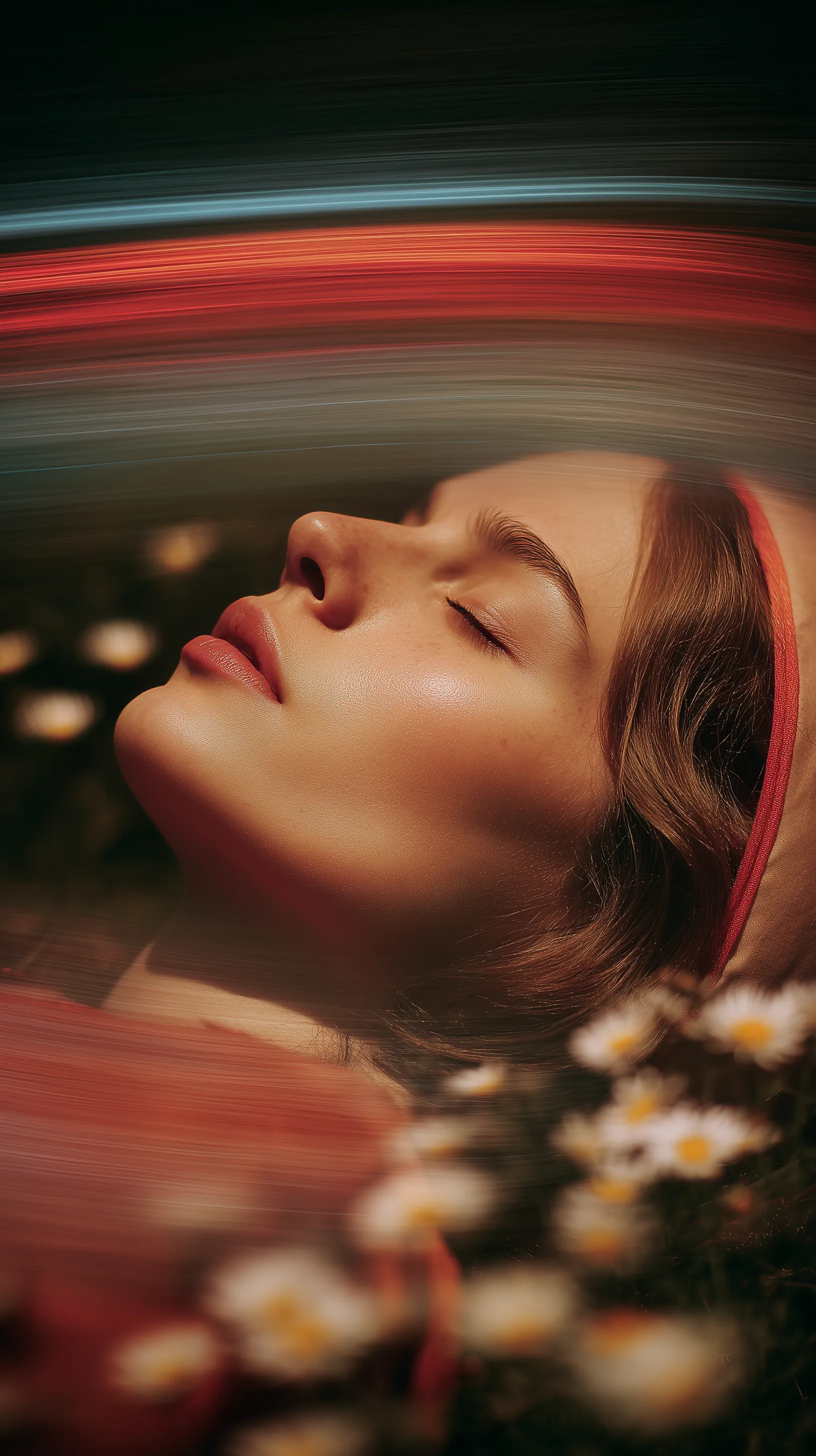 Dreamy portrait of woman lying in flowers