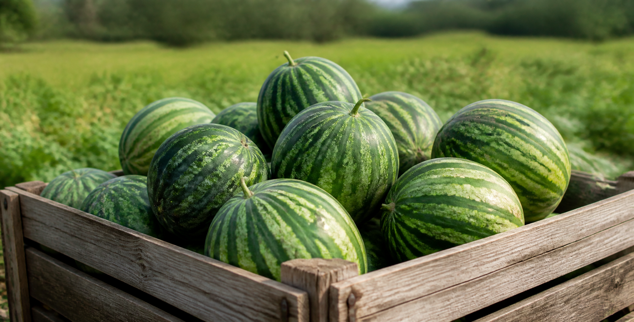 Fresh watermelons stacked in a wooden crate after harvest