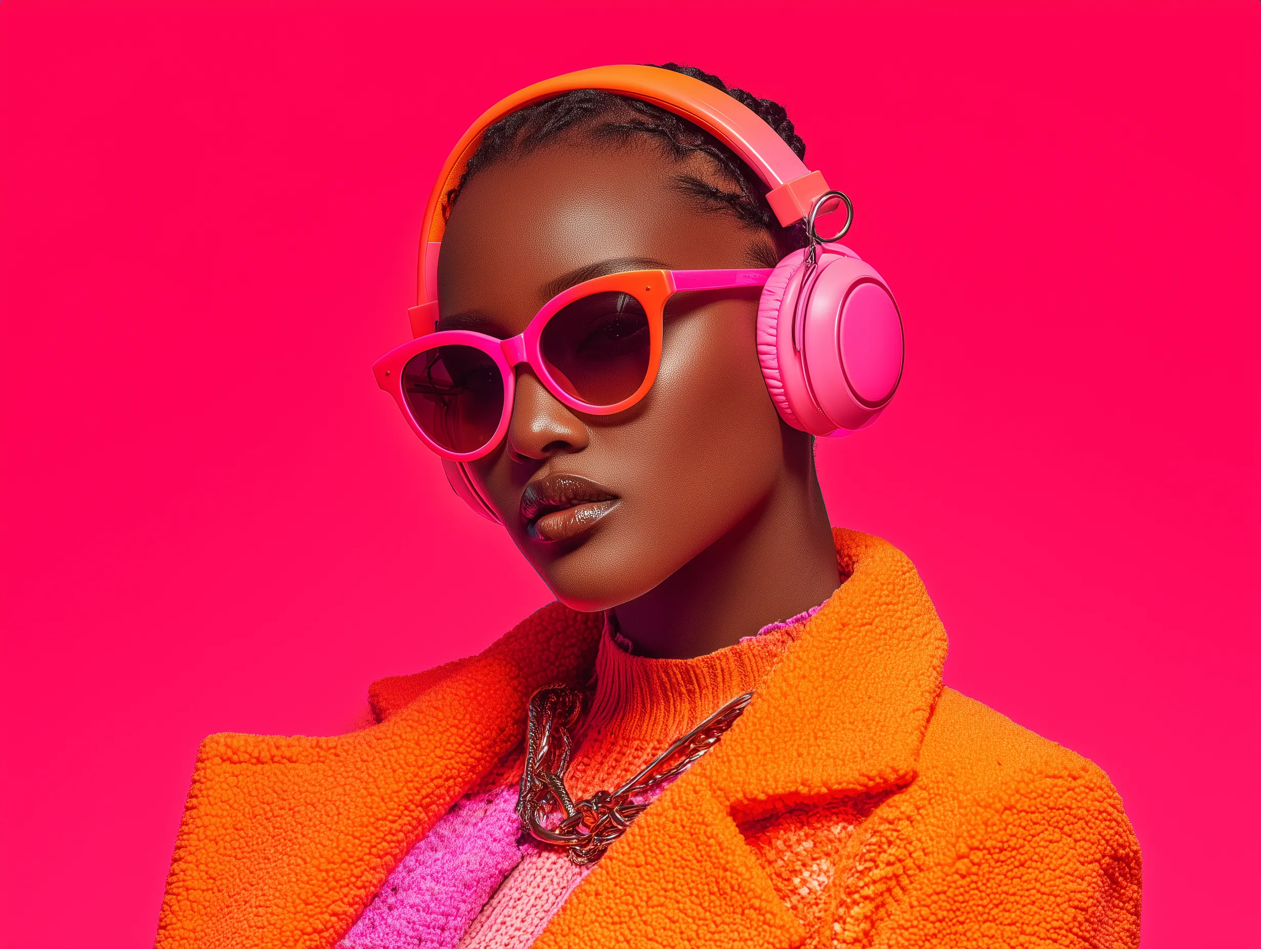 Vibrant Fashion Portrait with Headphones and Sunglasses