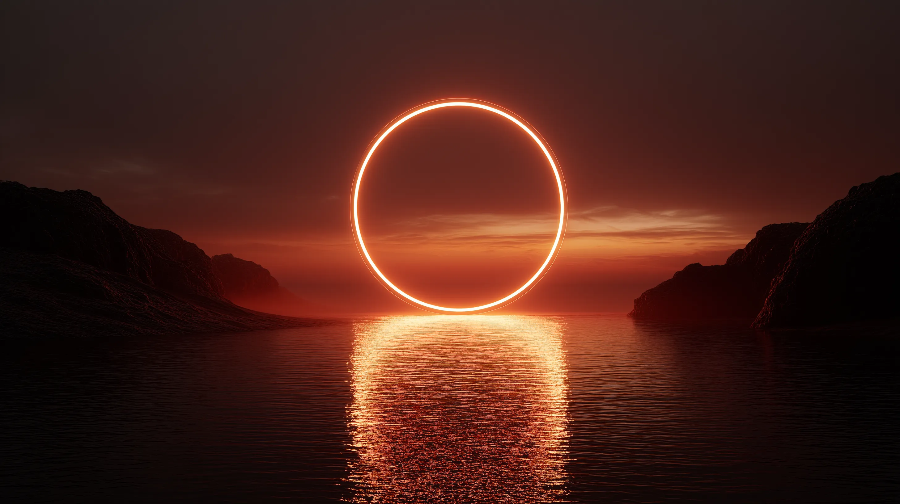 Glowing Neon Ring over Dark Ocean Landscape