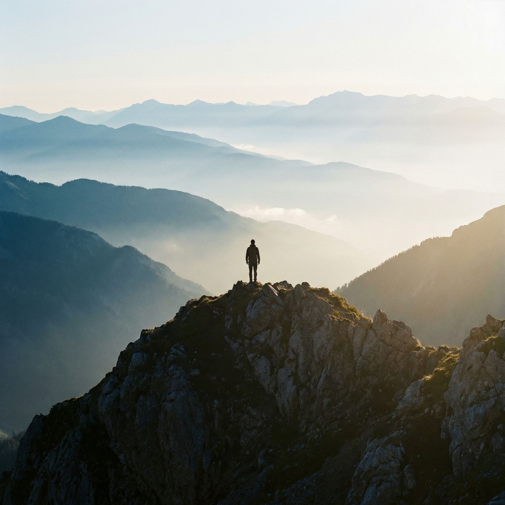 Hiker Silhouette on Mountain Ridge at Sunrise