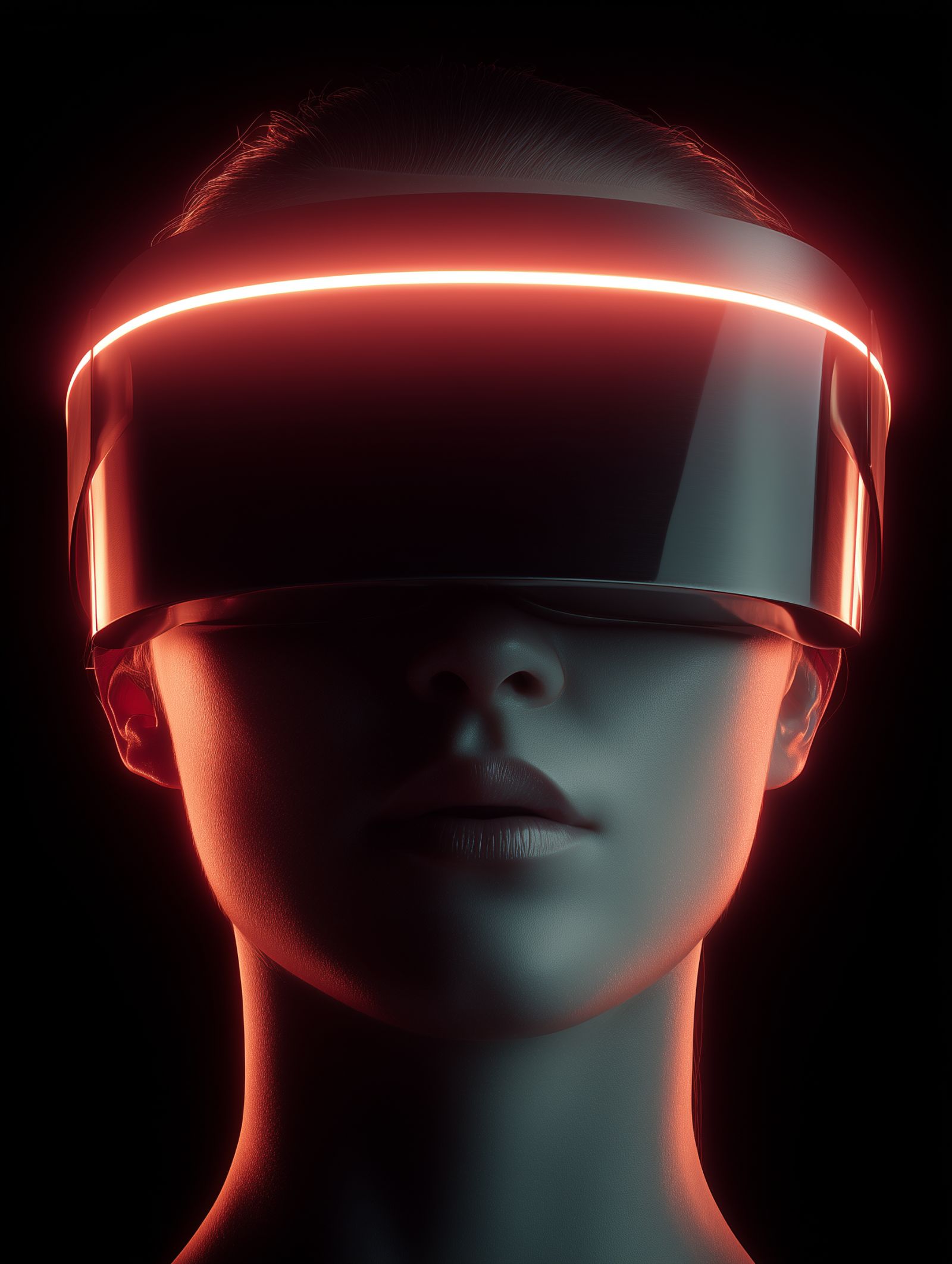 Futuristic red-lit VR headset portrait