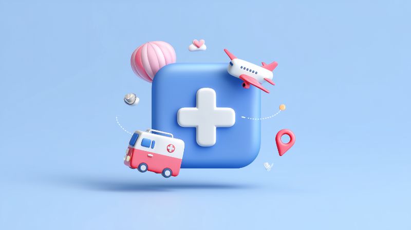 3D Medical Icon with Ambulance, Plane, Plus Sign