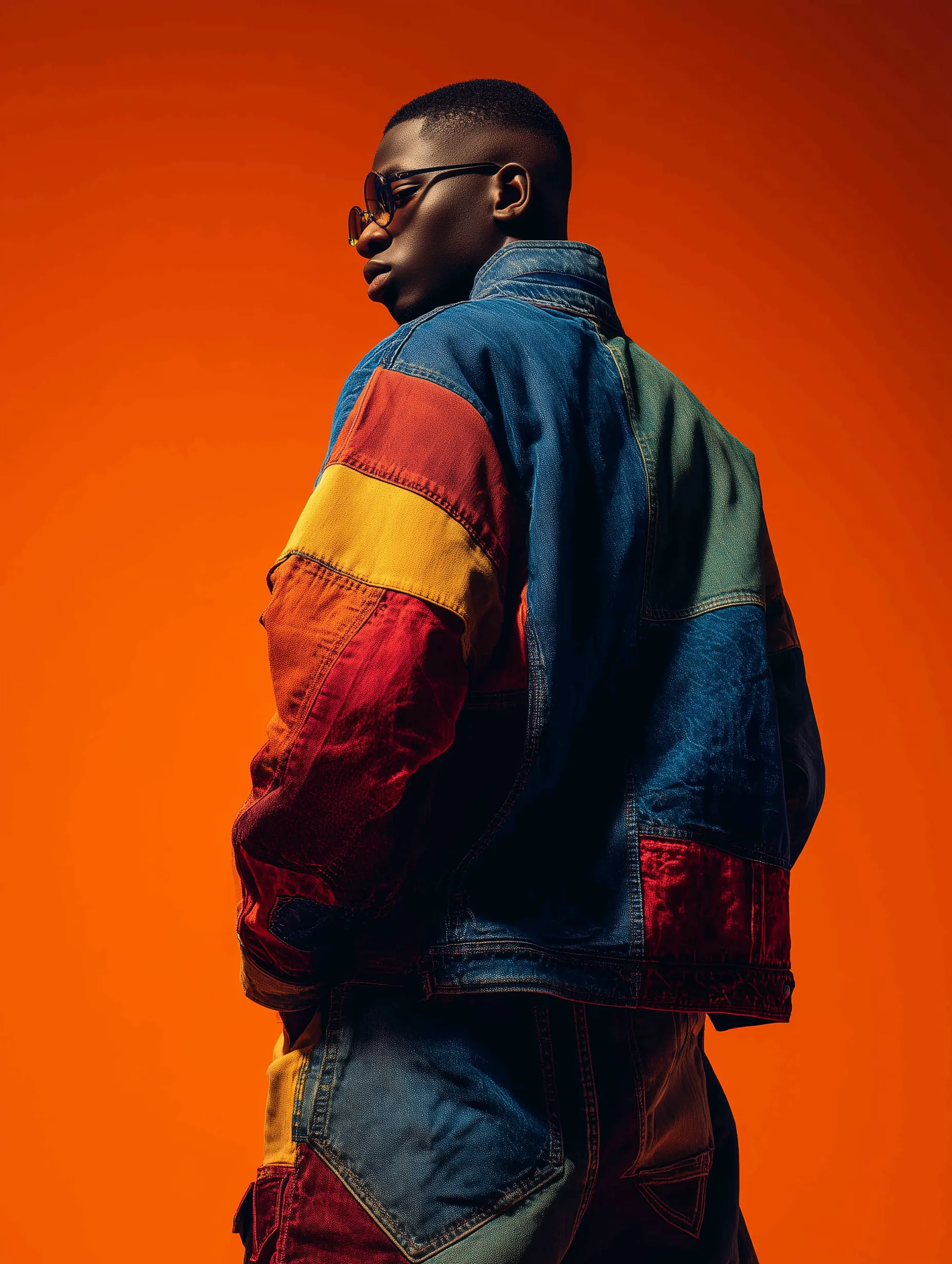 Stylish Man in Patchwork Denim Jacket