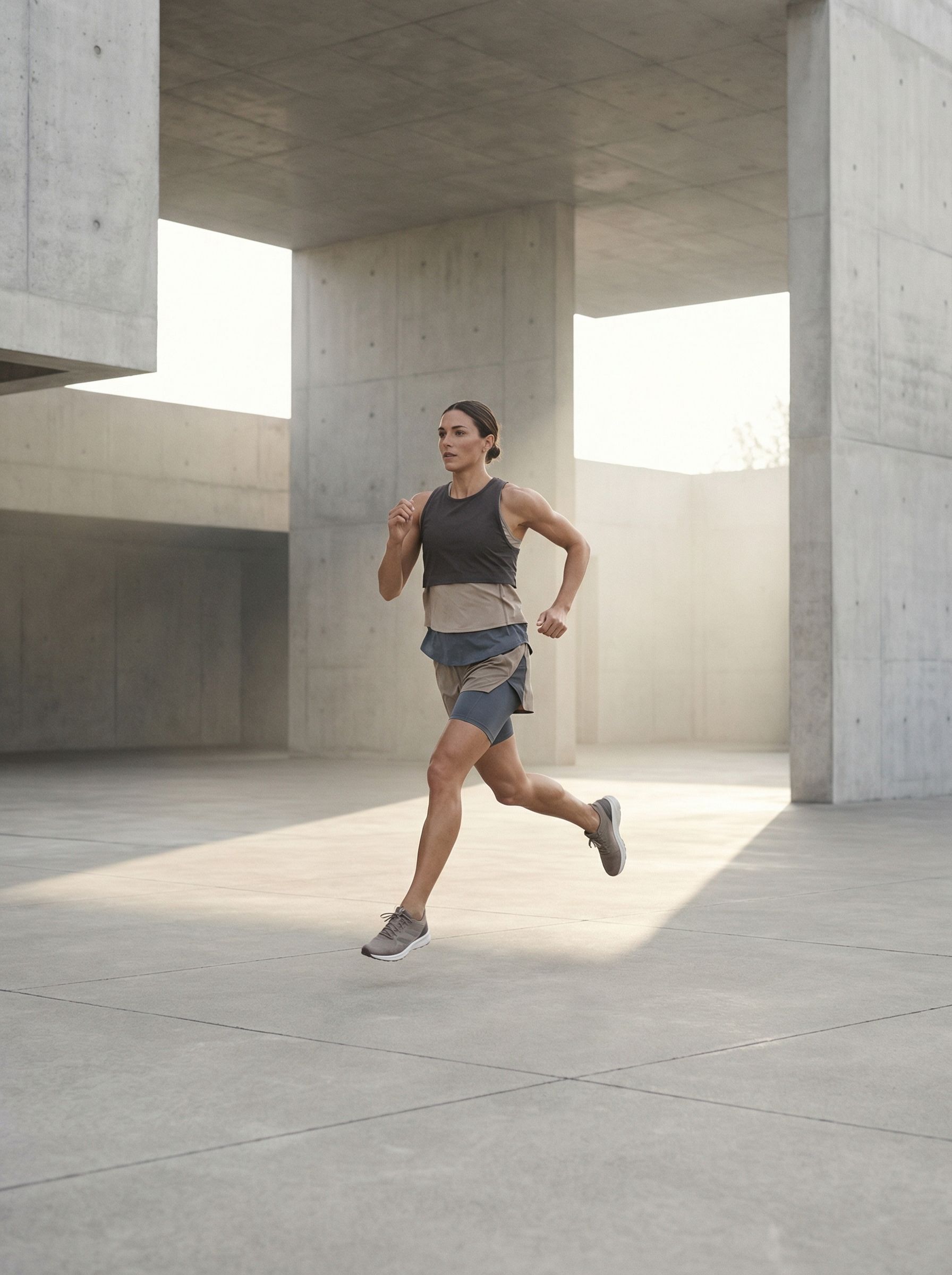 Woman running in minimalist concrete courtyard