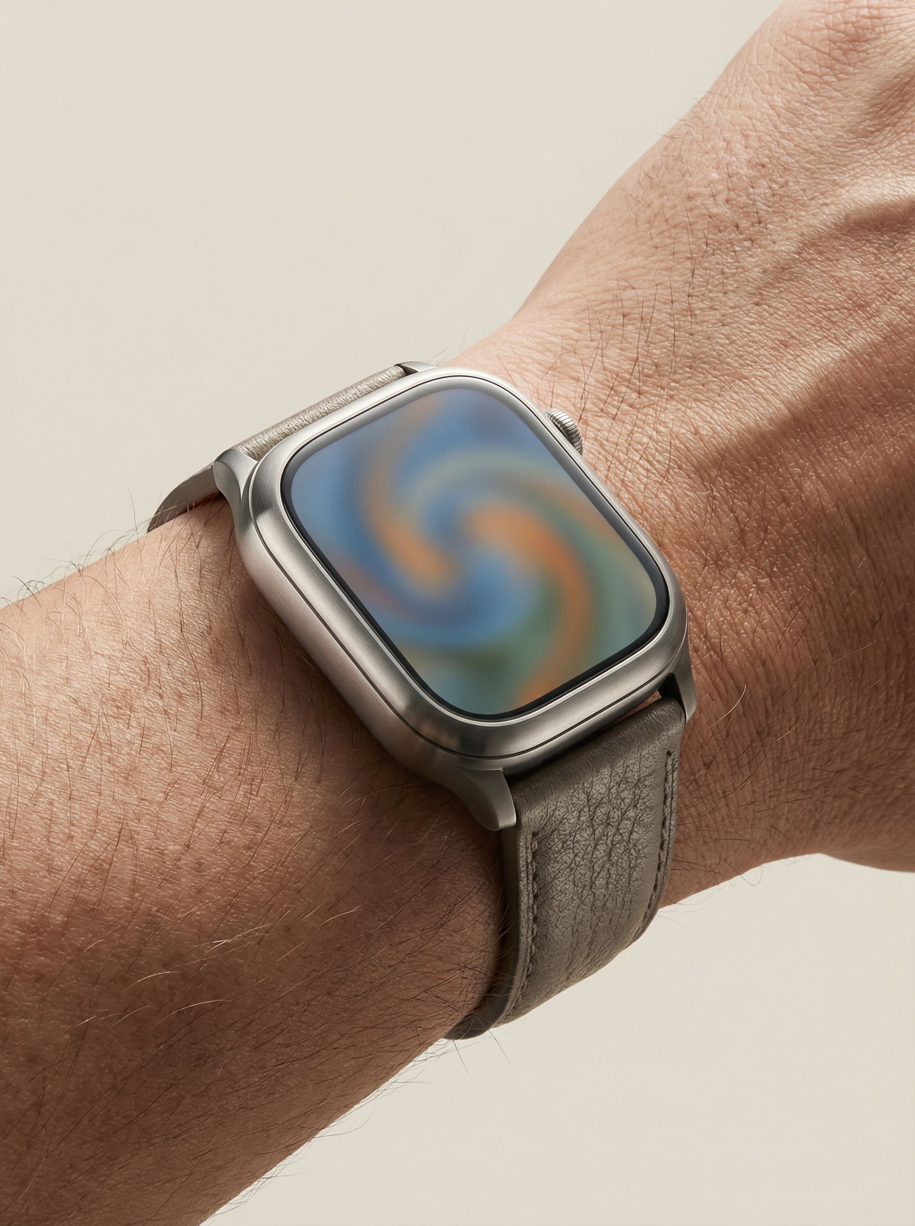 Modern smartwatch with leather band on wrist