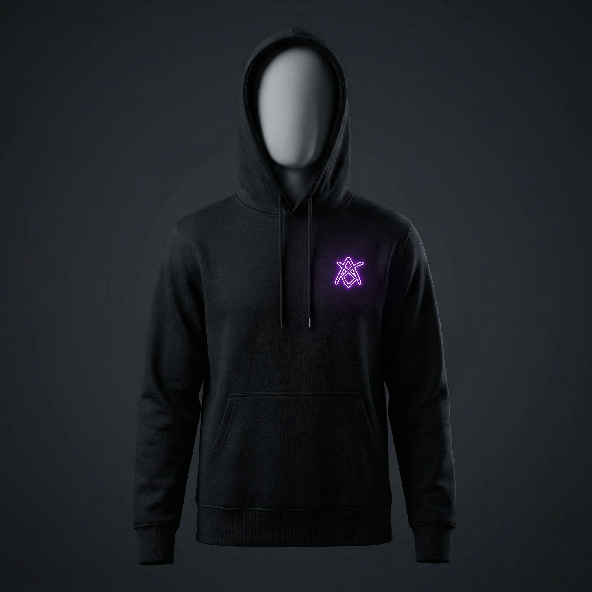 Black hoodie with neon purple chest logo
