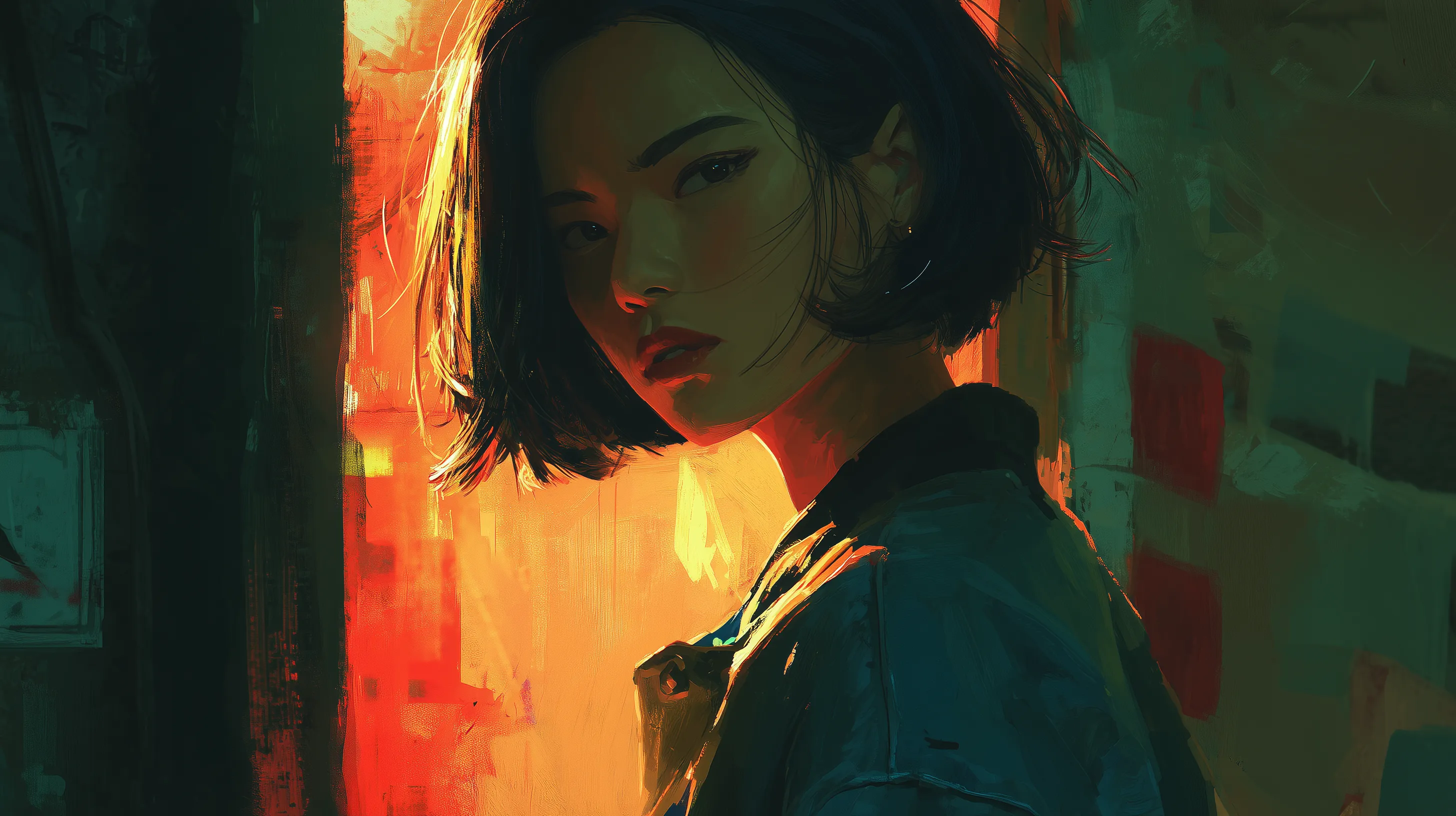 Teal-orange backlit portrait of a young woman