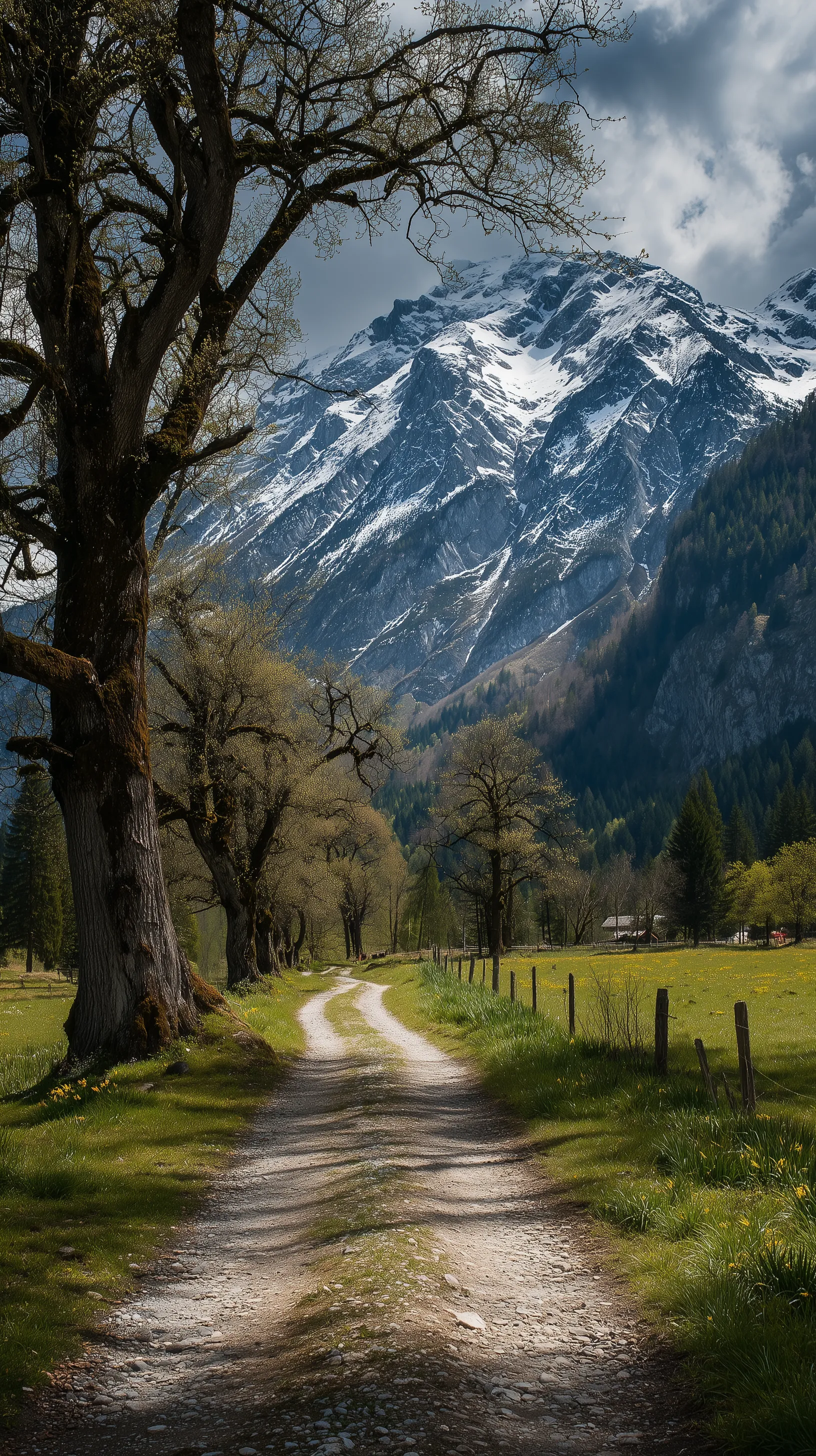 Mountain Path Beneath Snowy Peaks