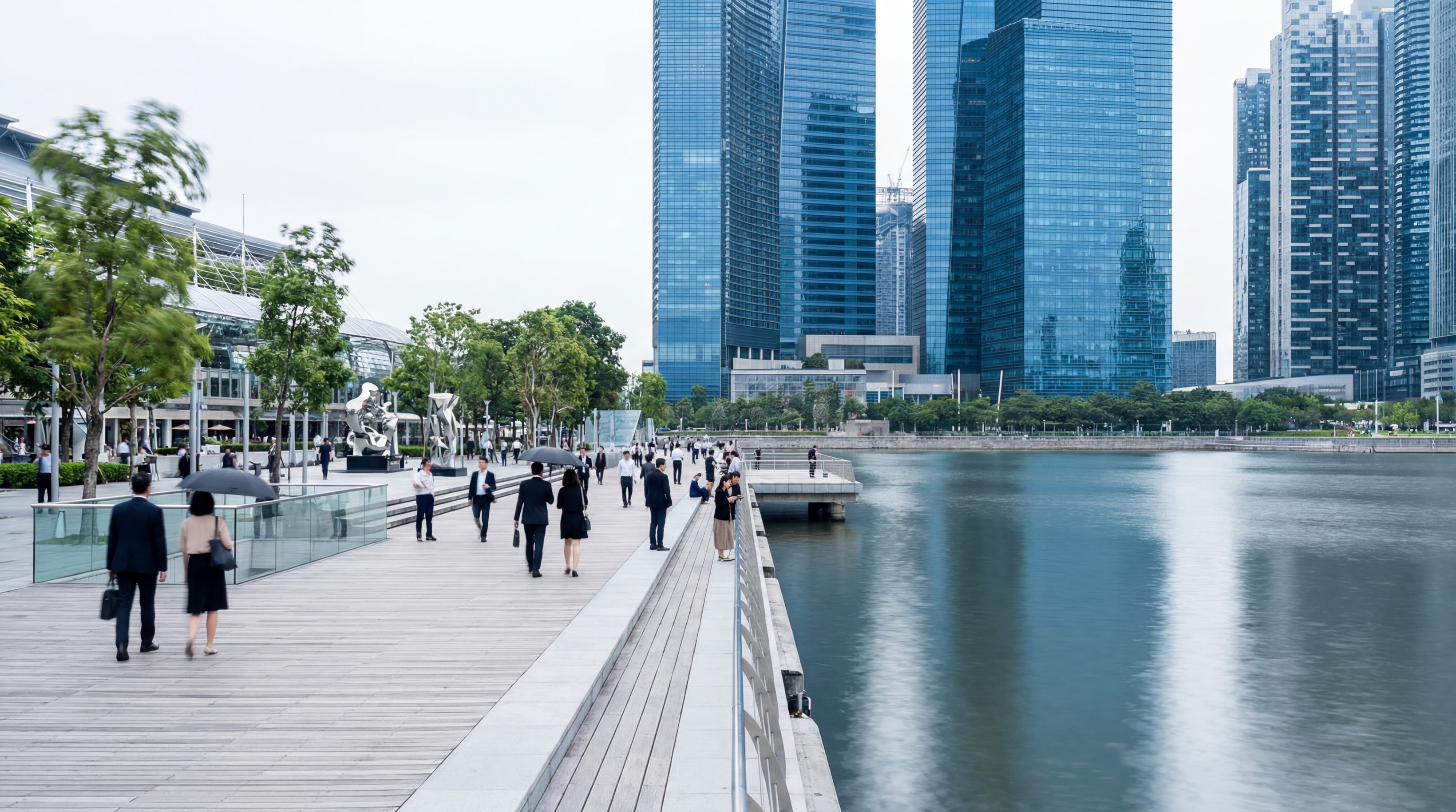 Waterfront business district with skyscrapers