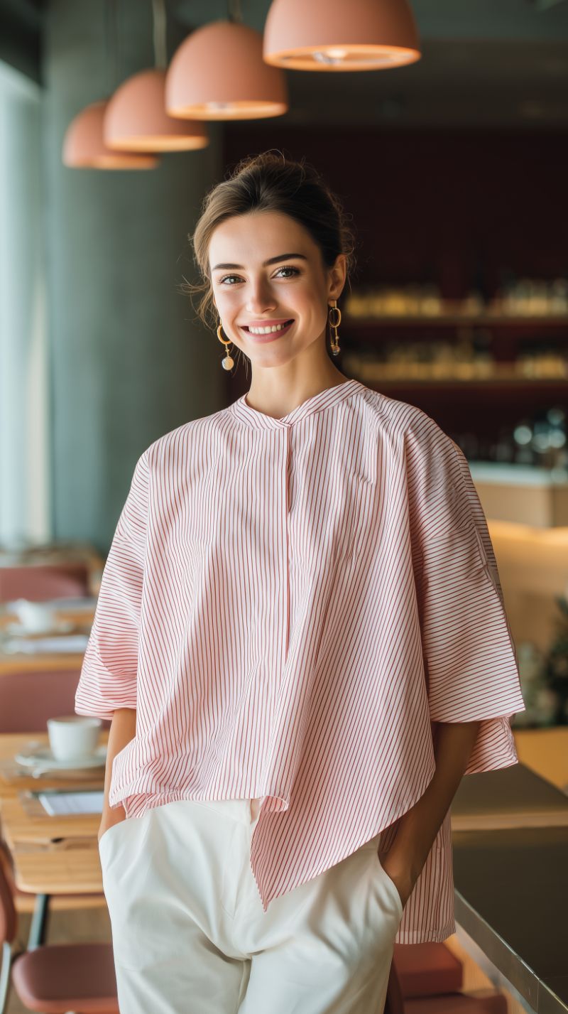 Smiling woman in striped blouse at modern cafe
