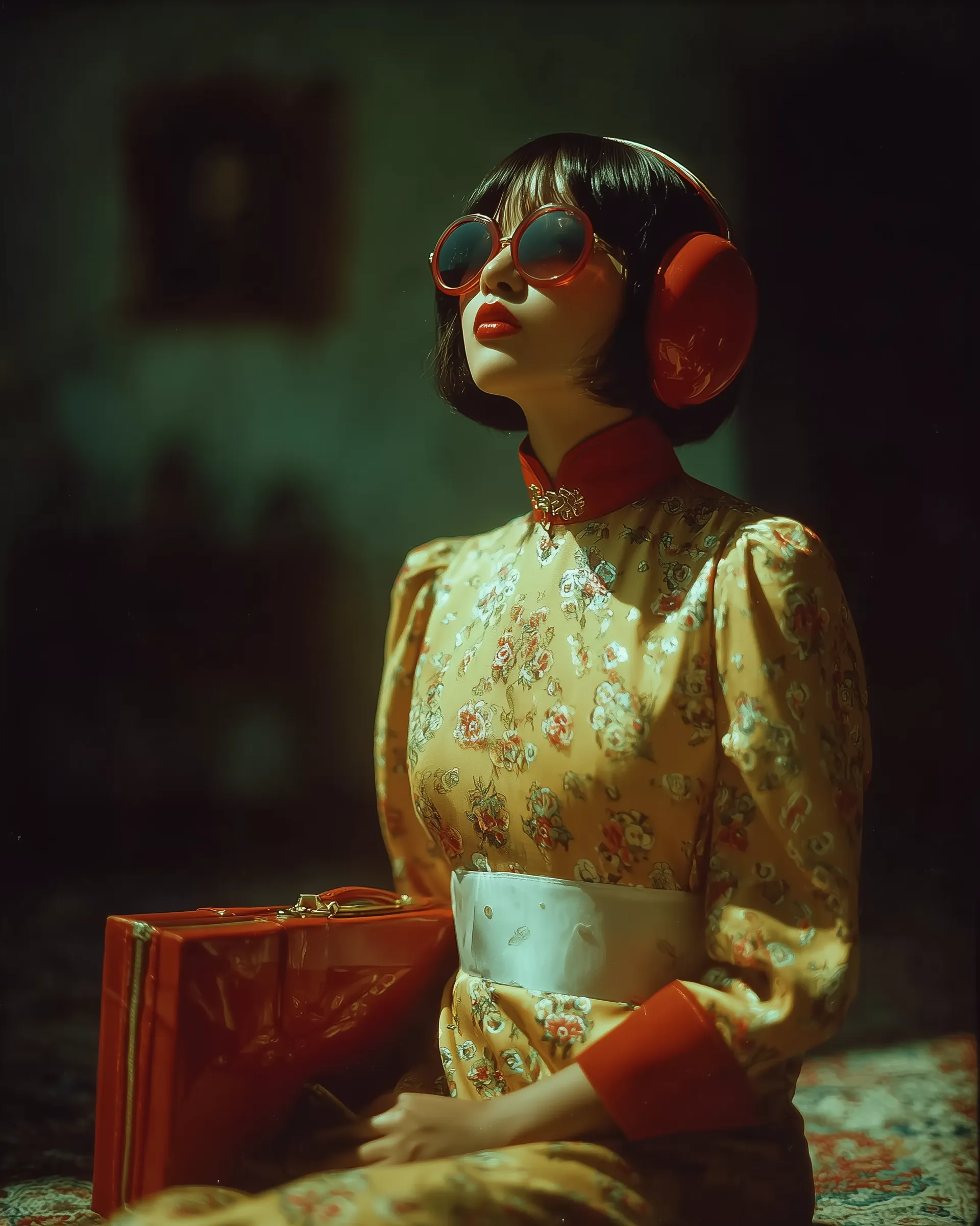 Retro portrait of woman with red headphones
