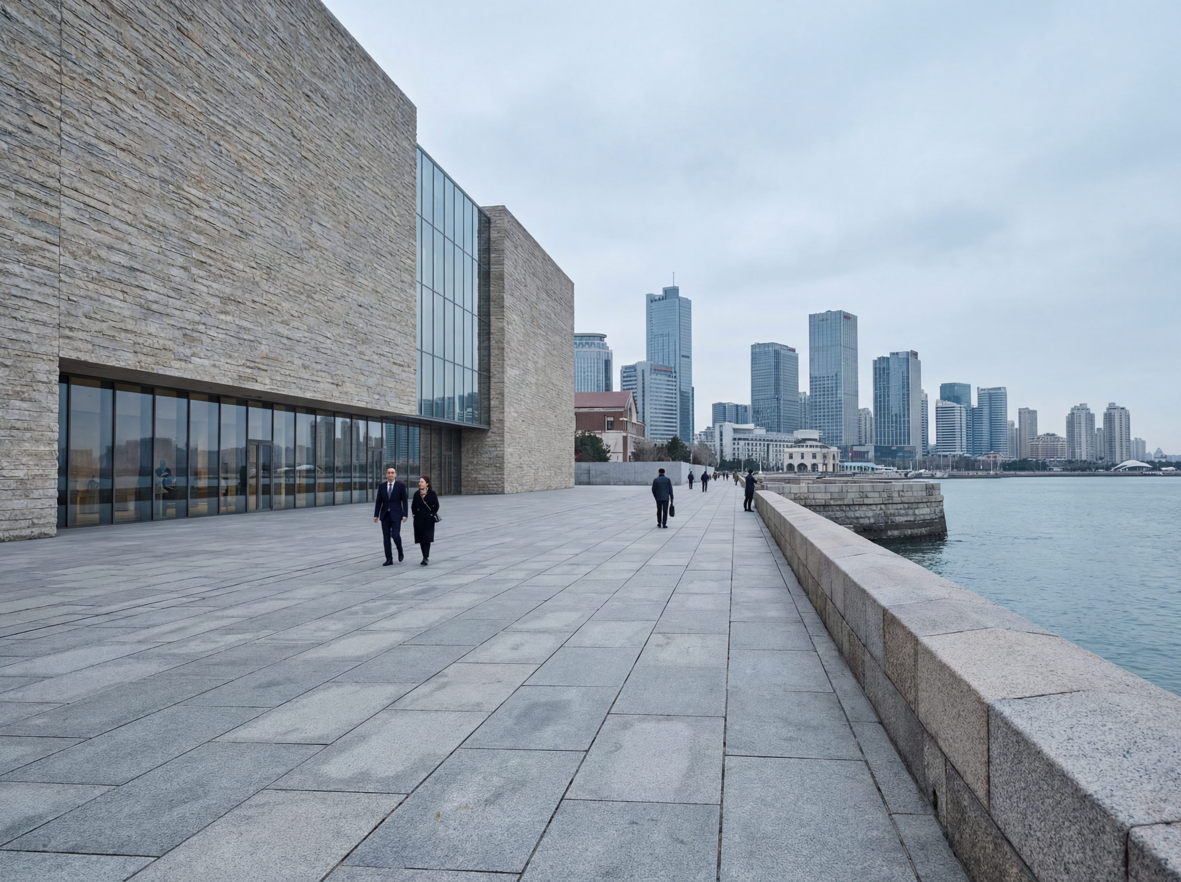 Modern waterfront promenade and city skyline