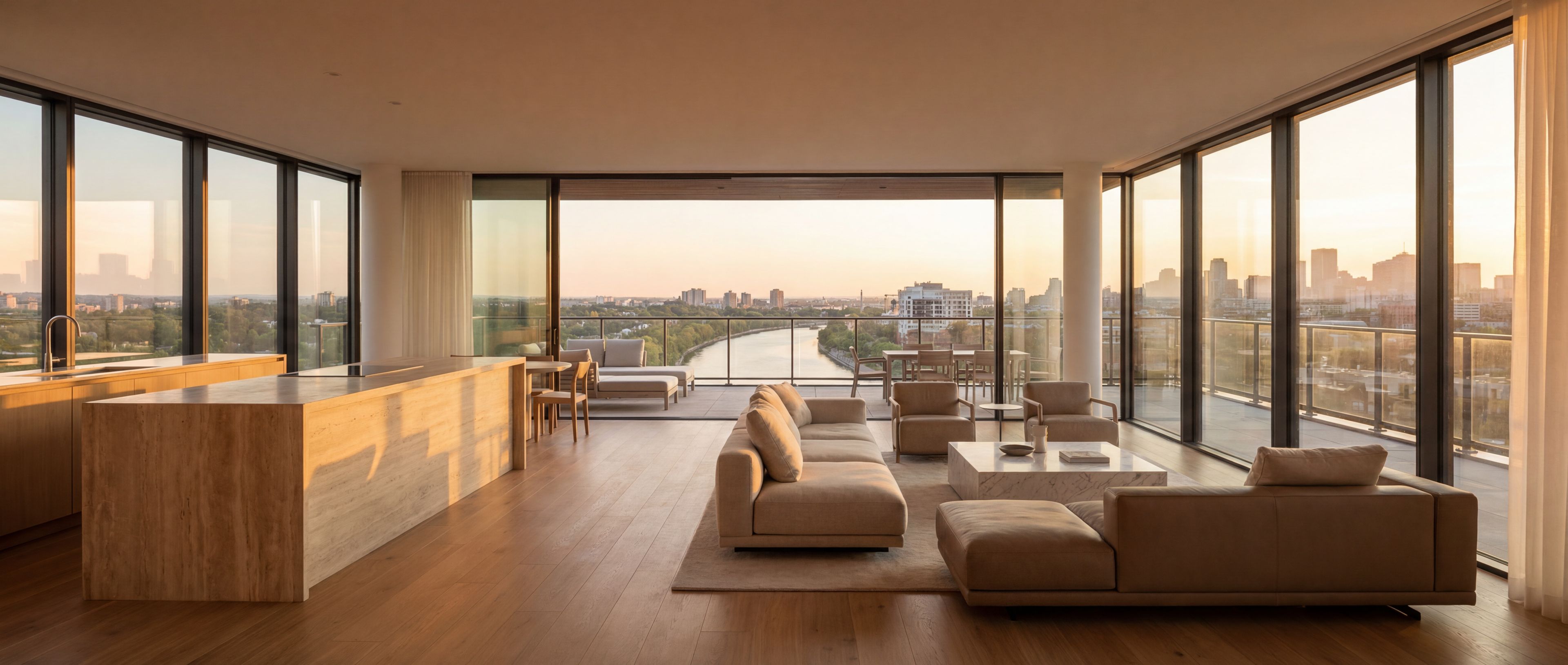 Modern Penthouse Living Room with City River View