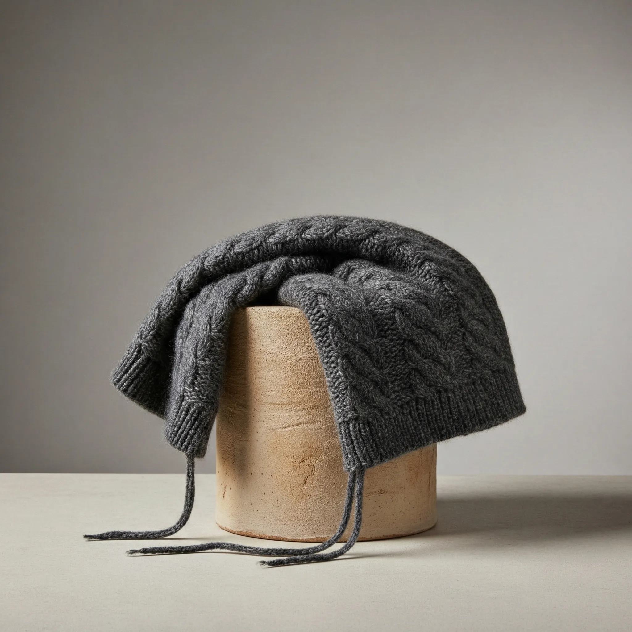Gray cable knit winter hat on neutral pedestal