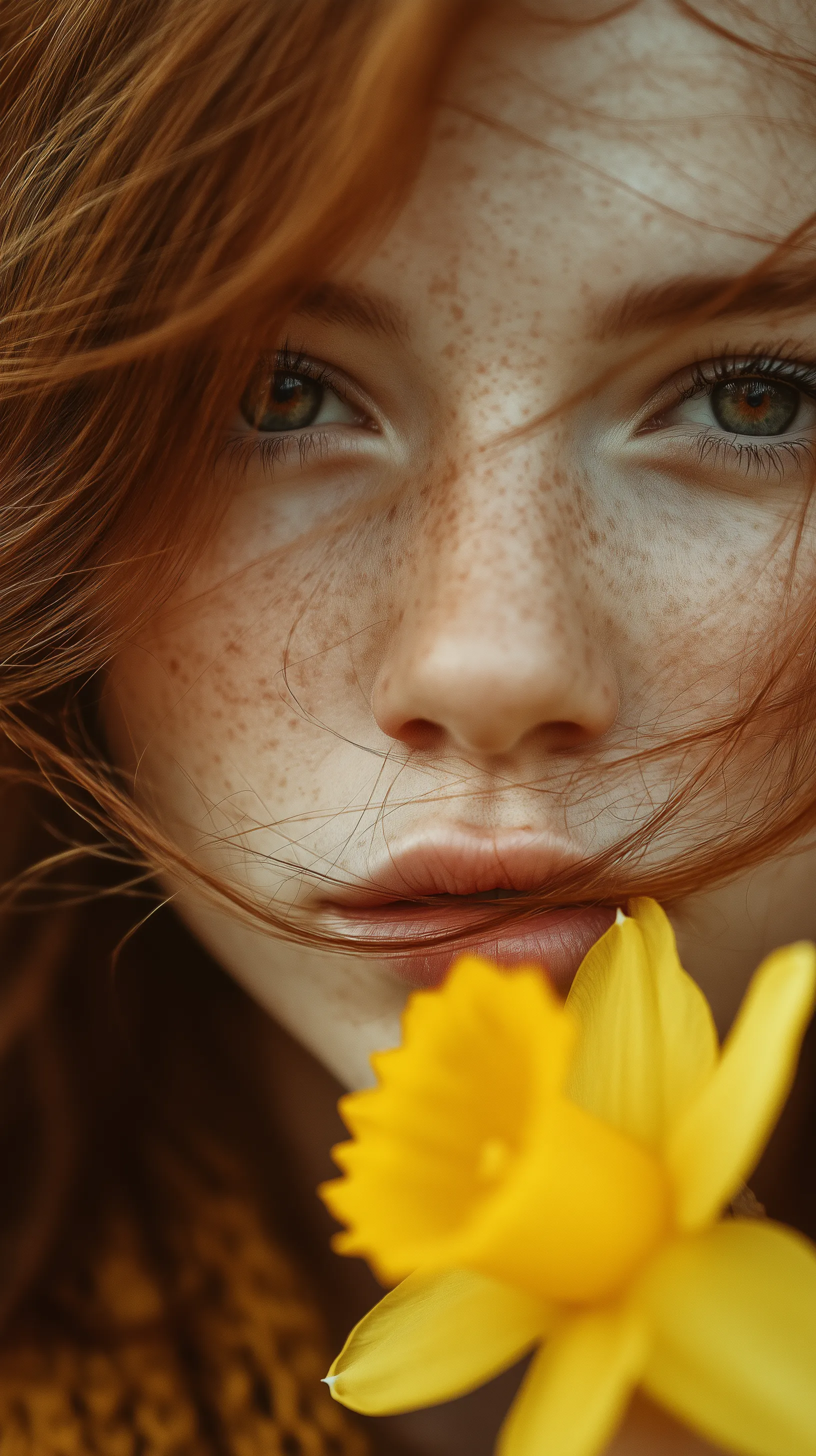 Freckled Redhead Portrait with Yellow Flower