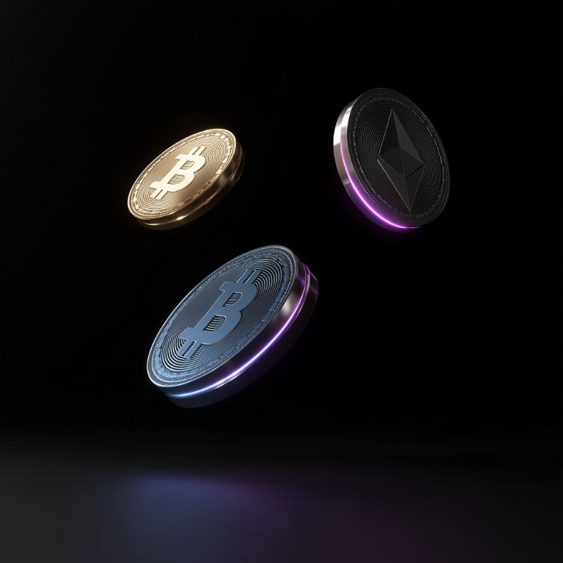 Floating Bitcoin and Ethereum coins on black background