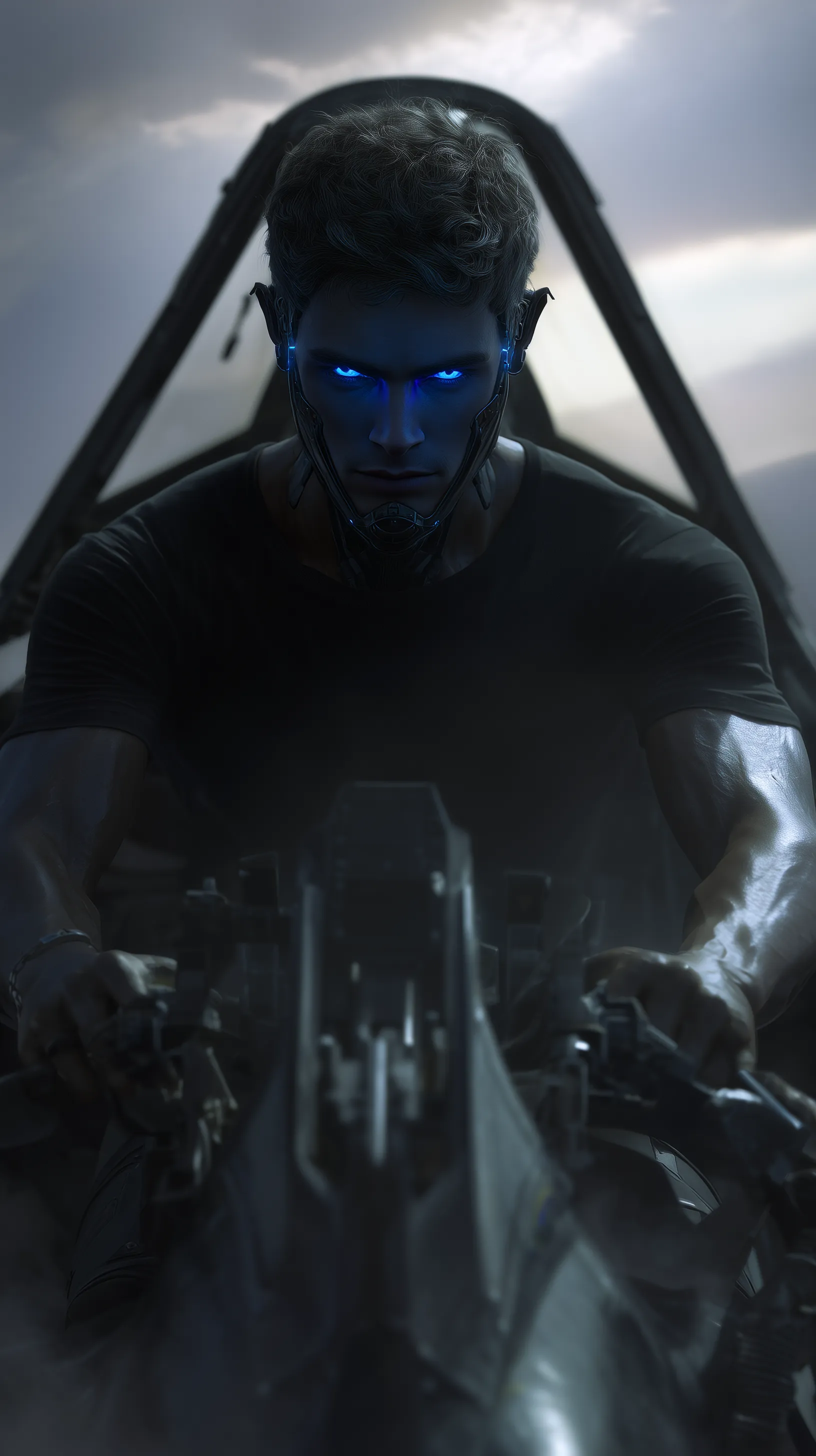 Cybernetic Pilot with Glowing Blue Eyes