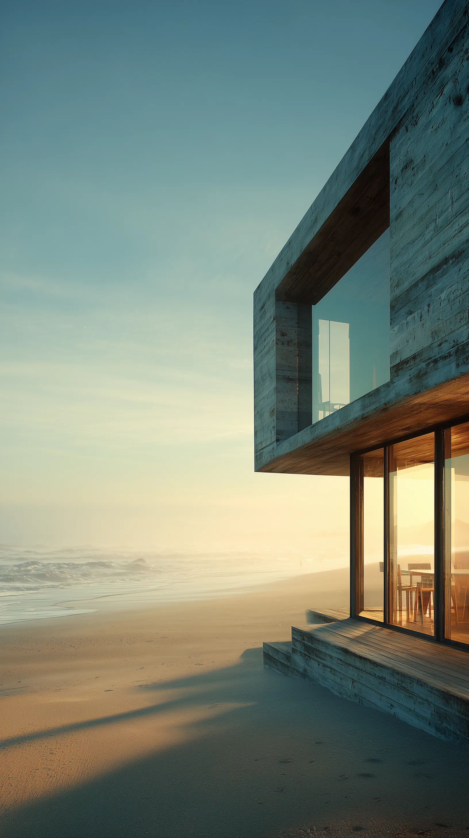 Modern beach house at sunrise