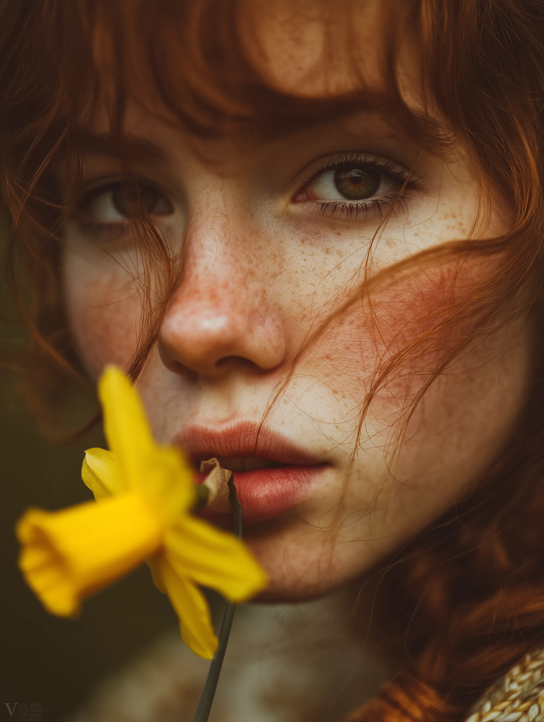 Freckled Redhead Portrait With Yellow Flower