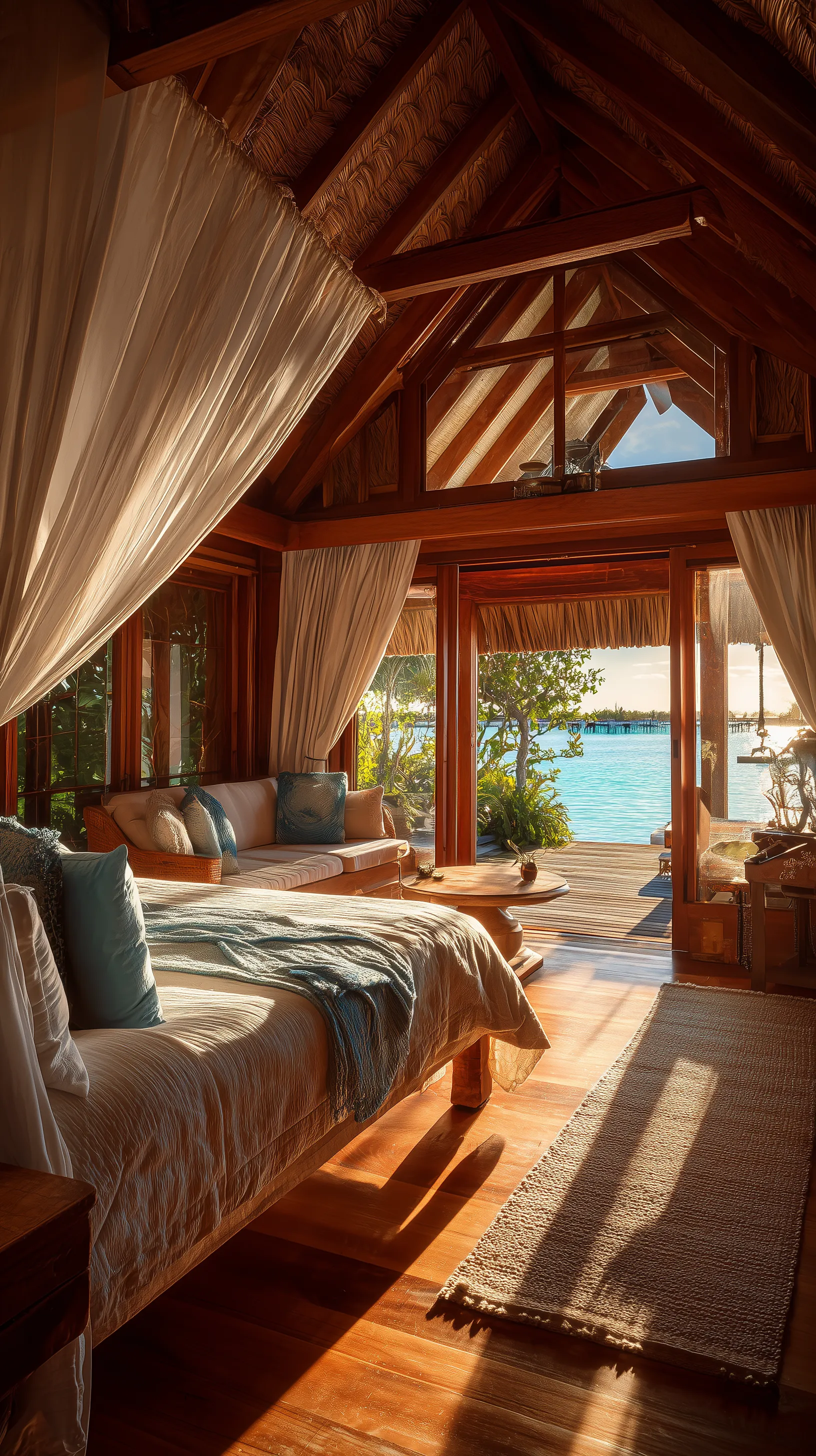 Tropical overwater bungalow bedroom at sunset