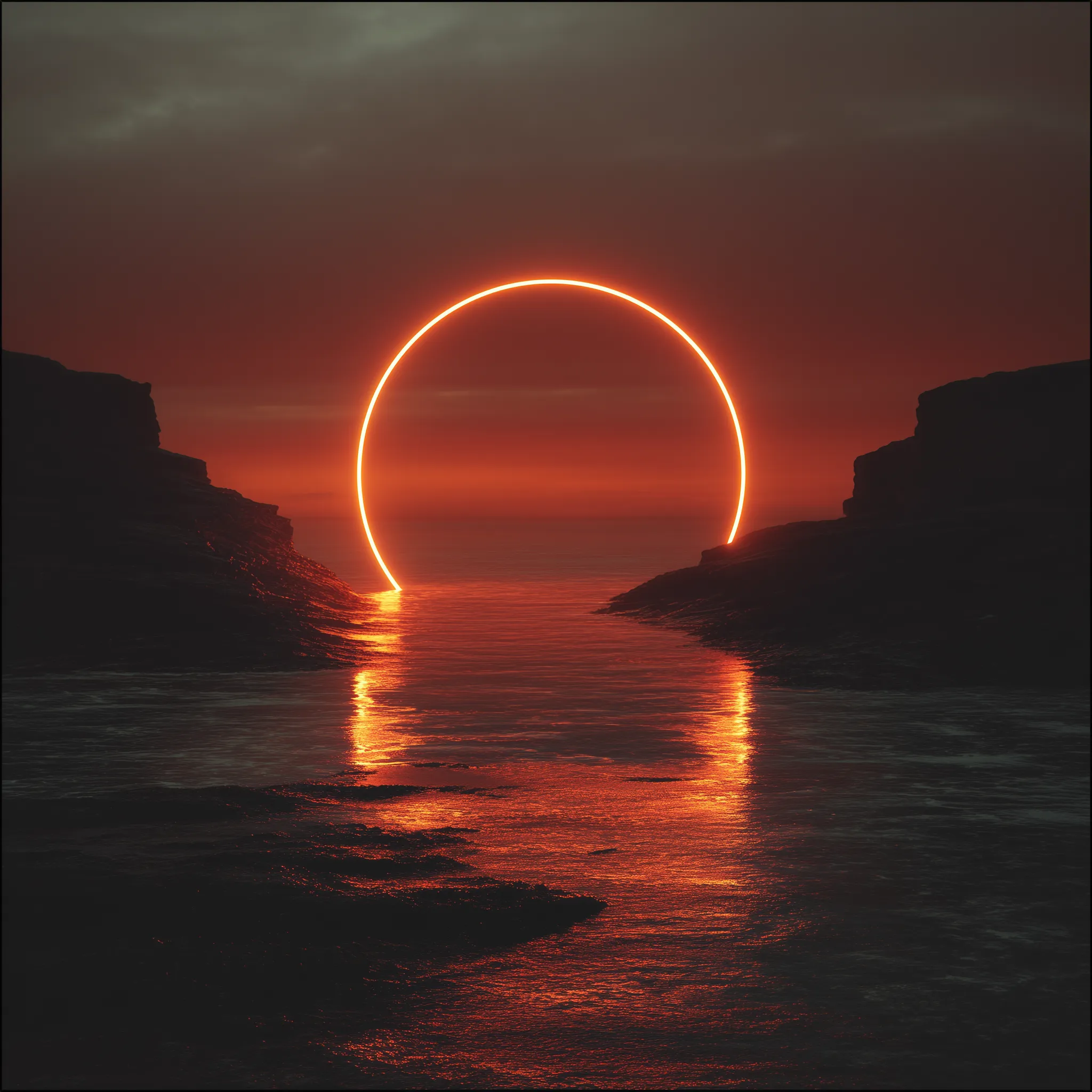 Glowing Neon Ring over Dark Ocean Coastline