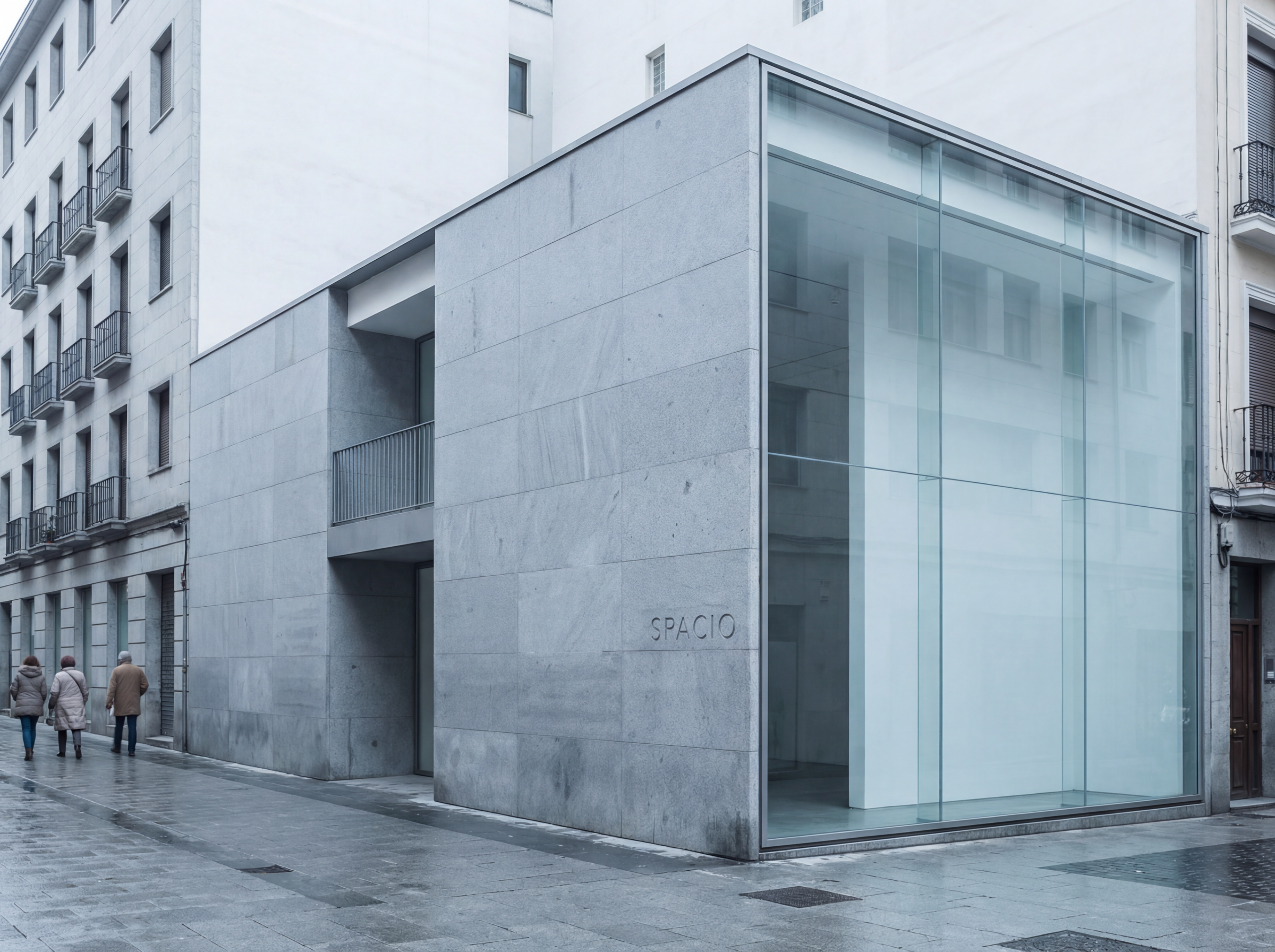 Minimalist glass and stone city storefront