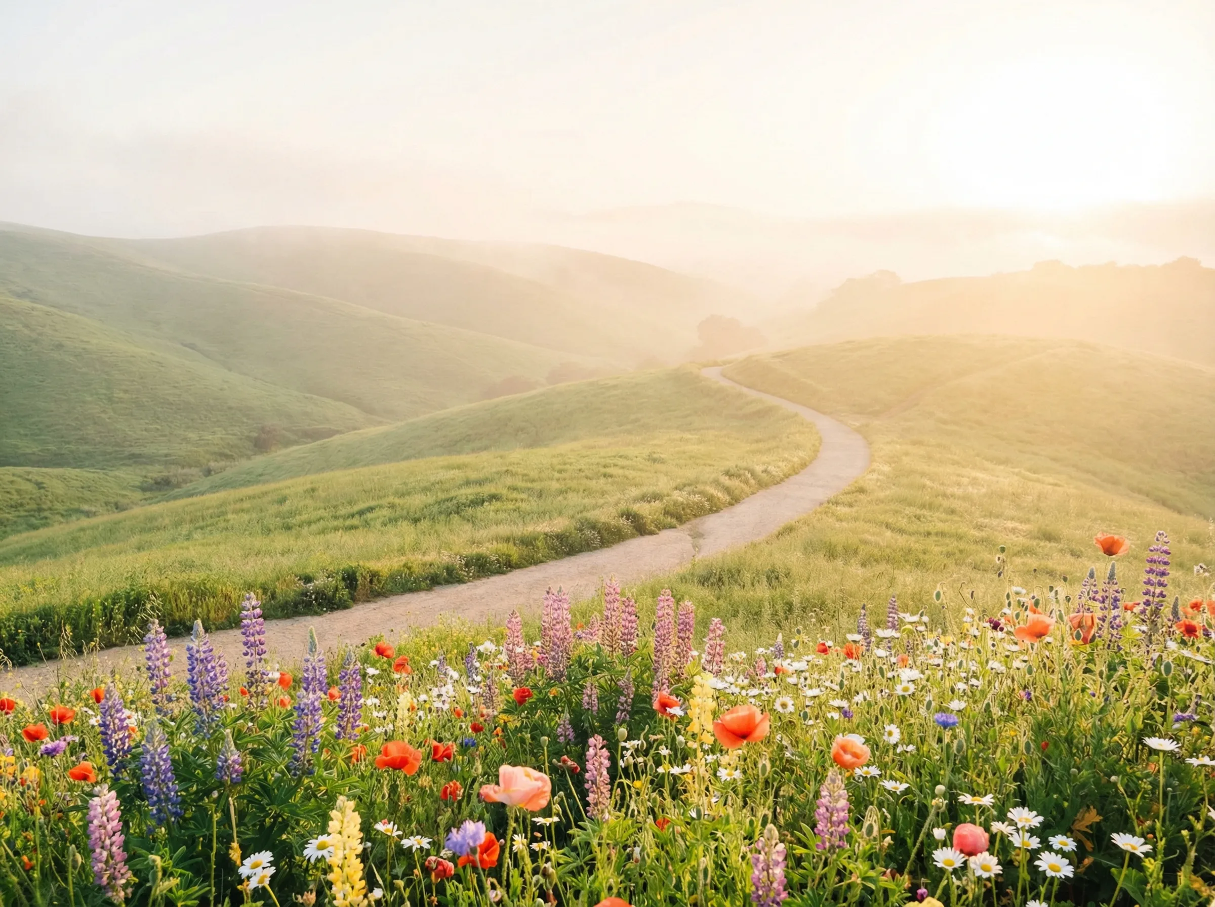 Sunny hillside path with wildflower meadow