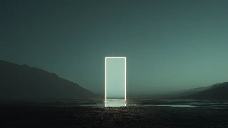 Neon Portal Amidst Misty Mountain Lake