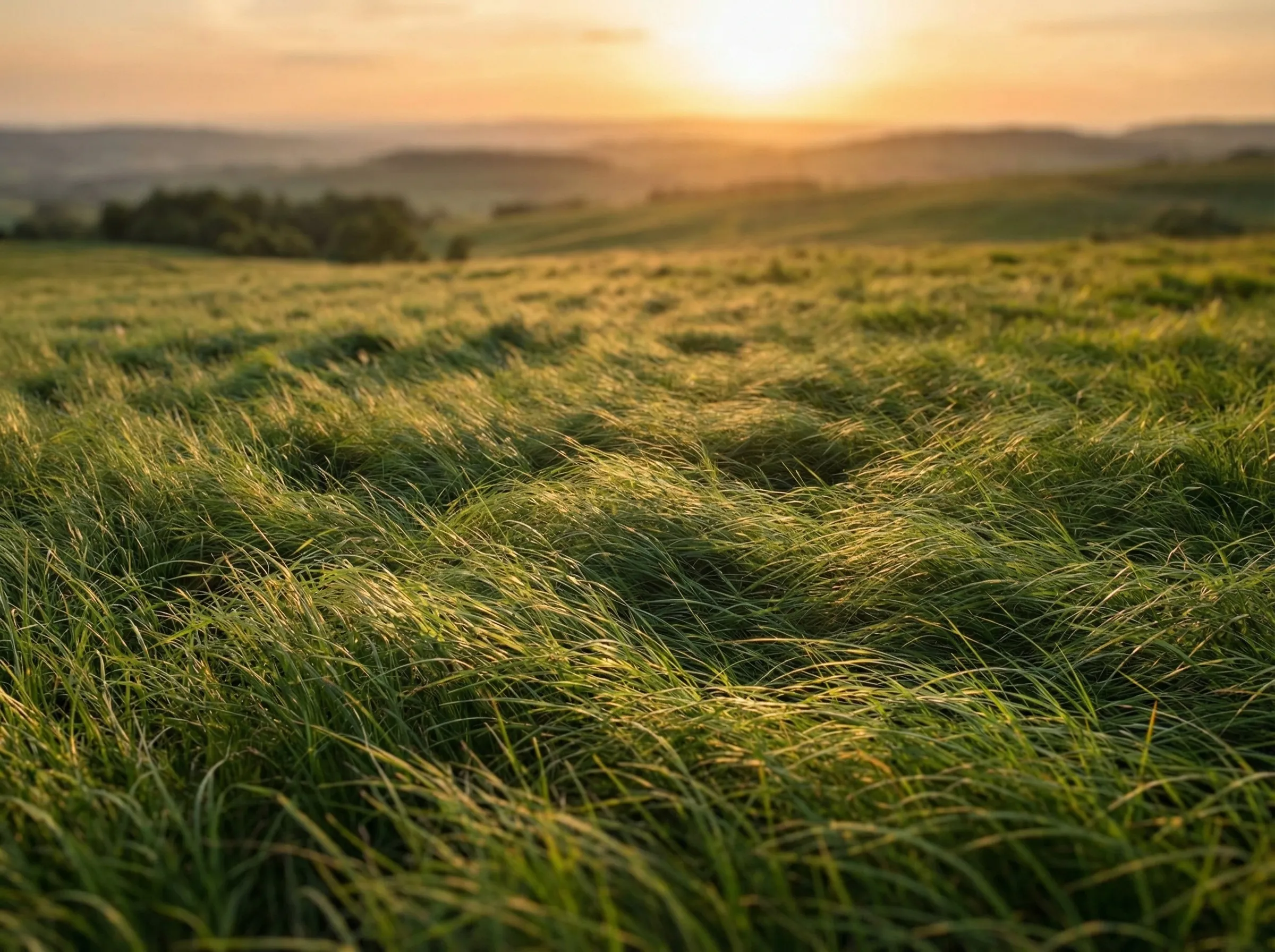 Sunny meadow with tall grass at sunset