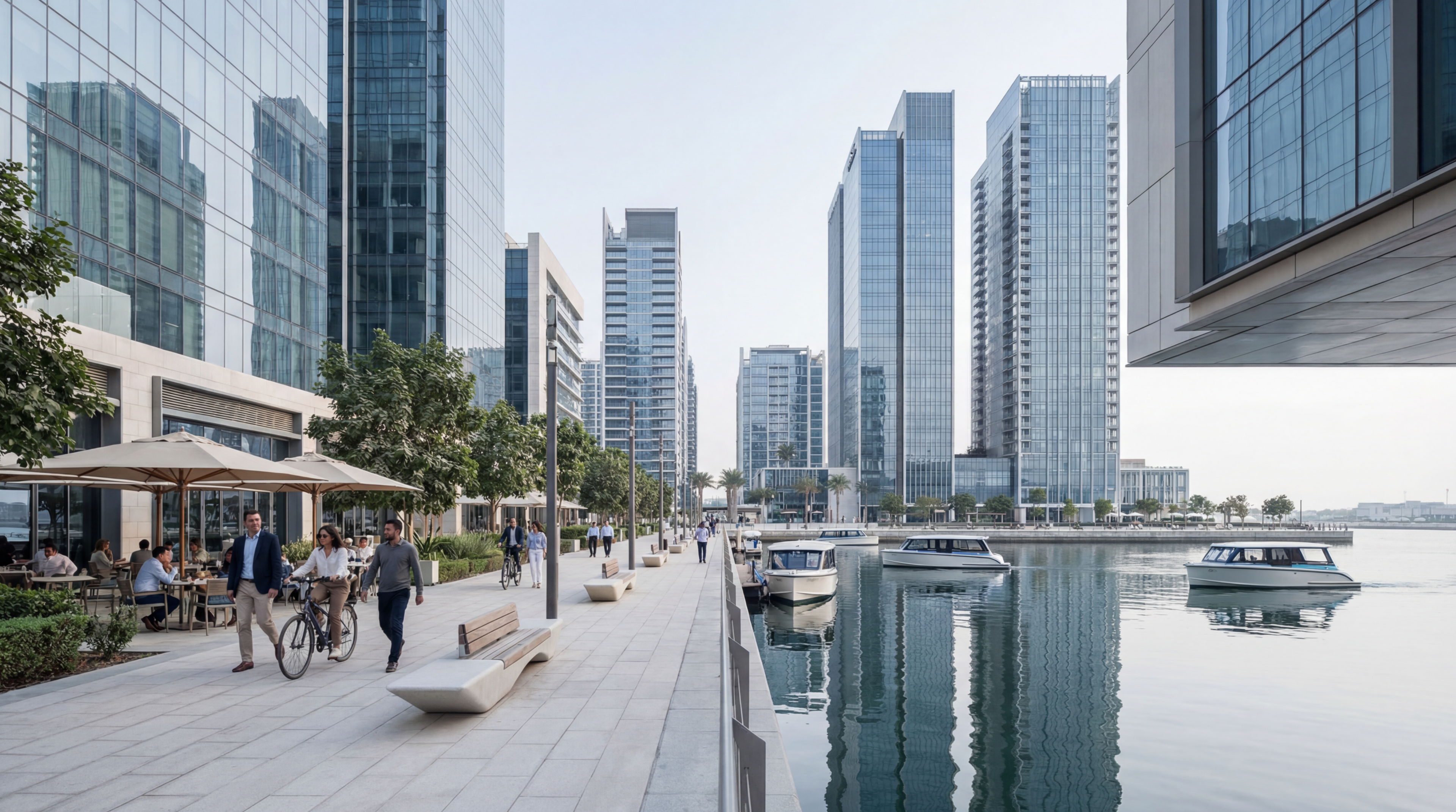 Modern waterfront business district promenade
